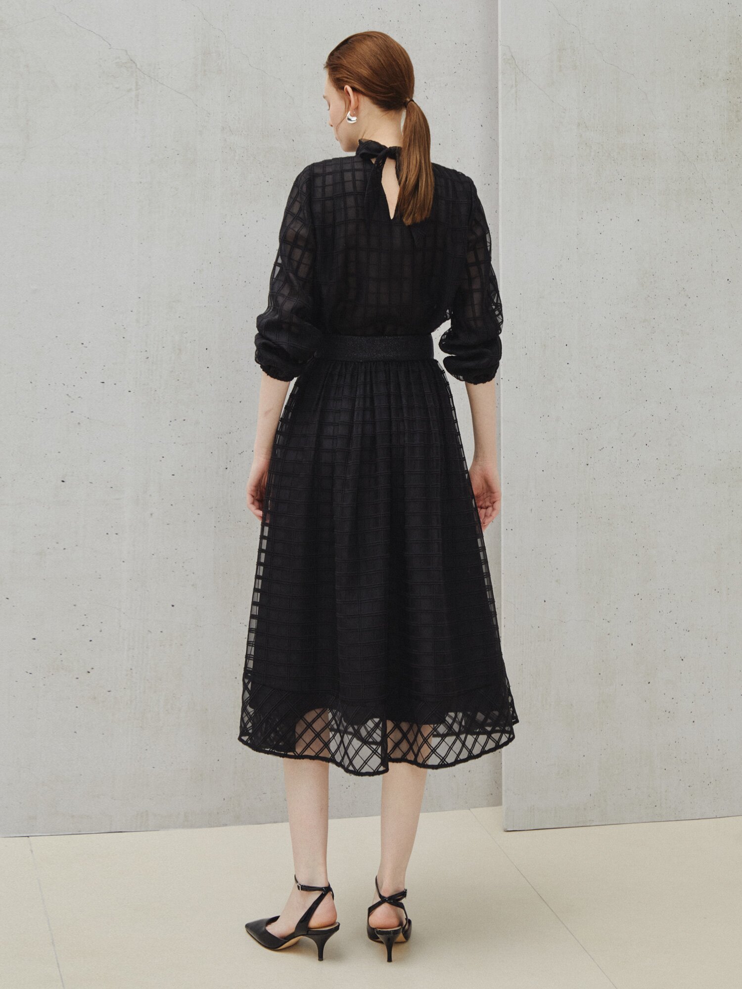 레이어드 시어 텍스처 체크 스커트 (CHECK BLACK)