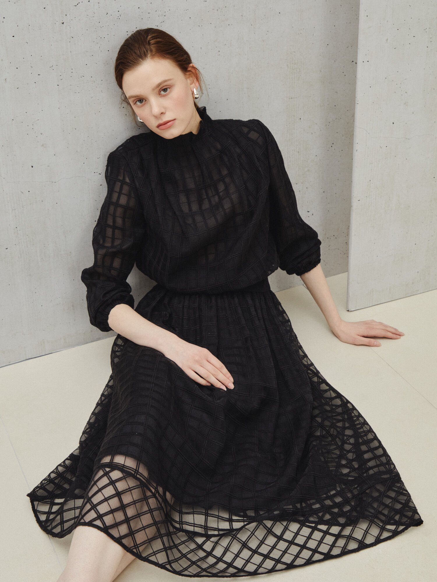 레이어드 시어 텍스처 체크 스커트 (CHECK BLACK)