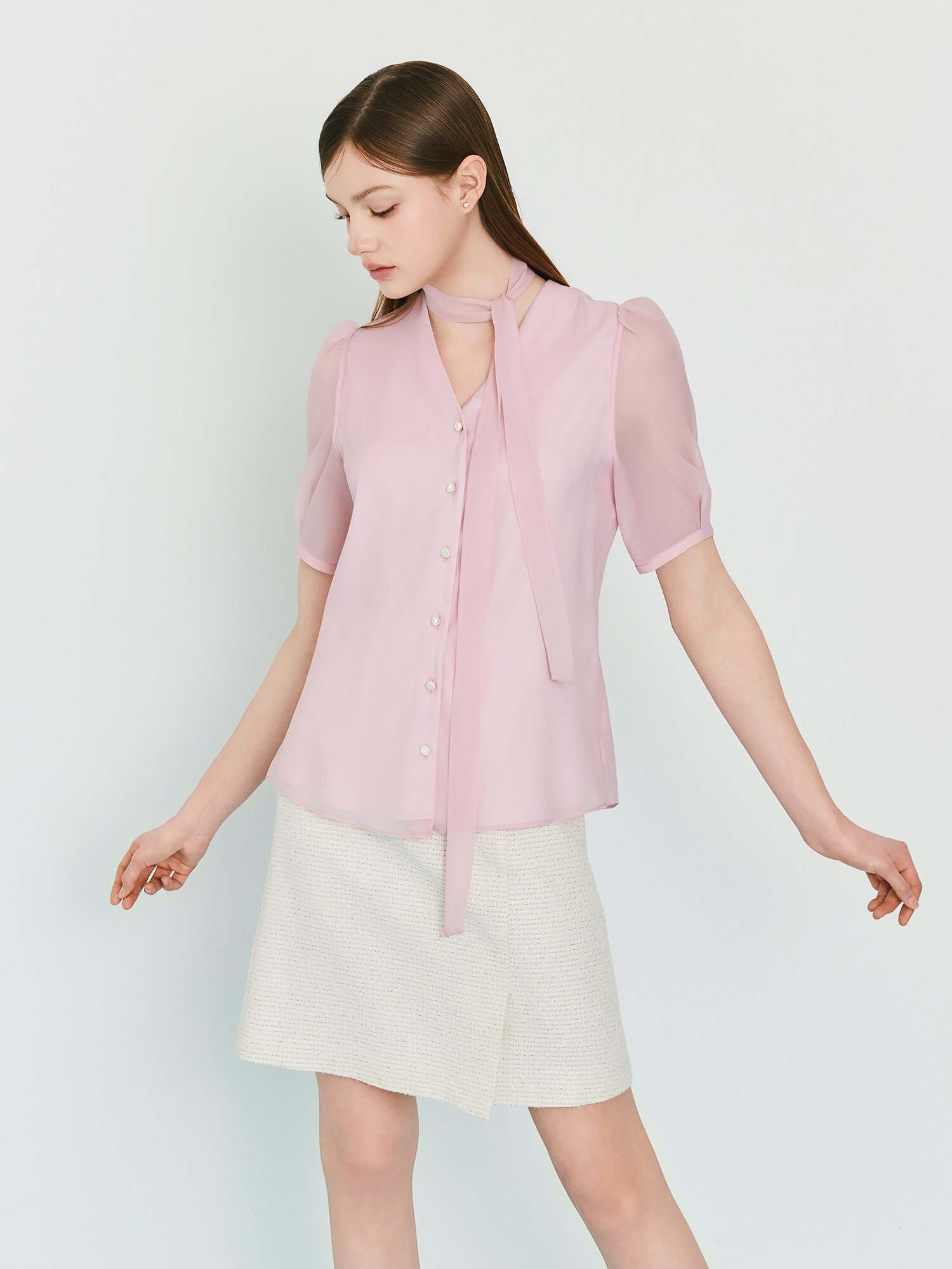 타이 퍼프 슬리브 브이넥 블라우스 (PINK)