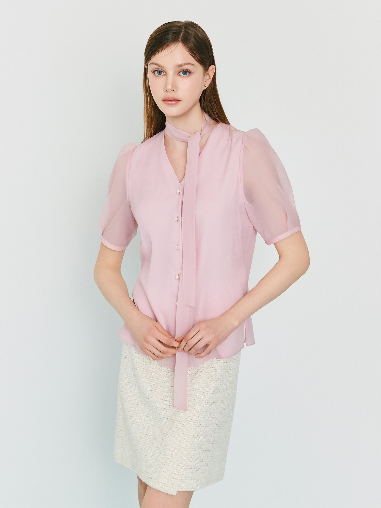 타이 퍼프 슬리브 브이넥 블라우스 (PINK)