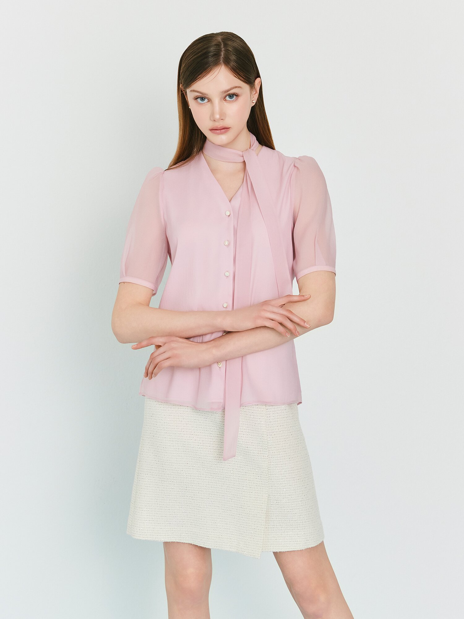 타이 퍼프 슬리브 브이넥 블라우스 (PINK)