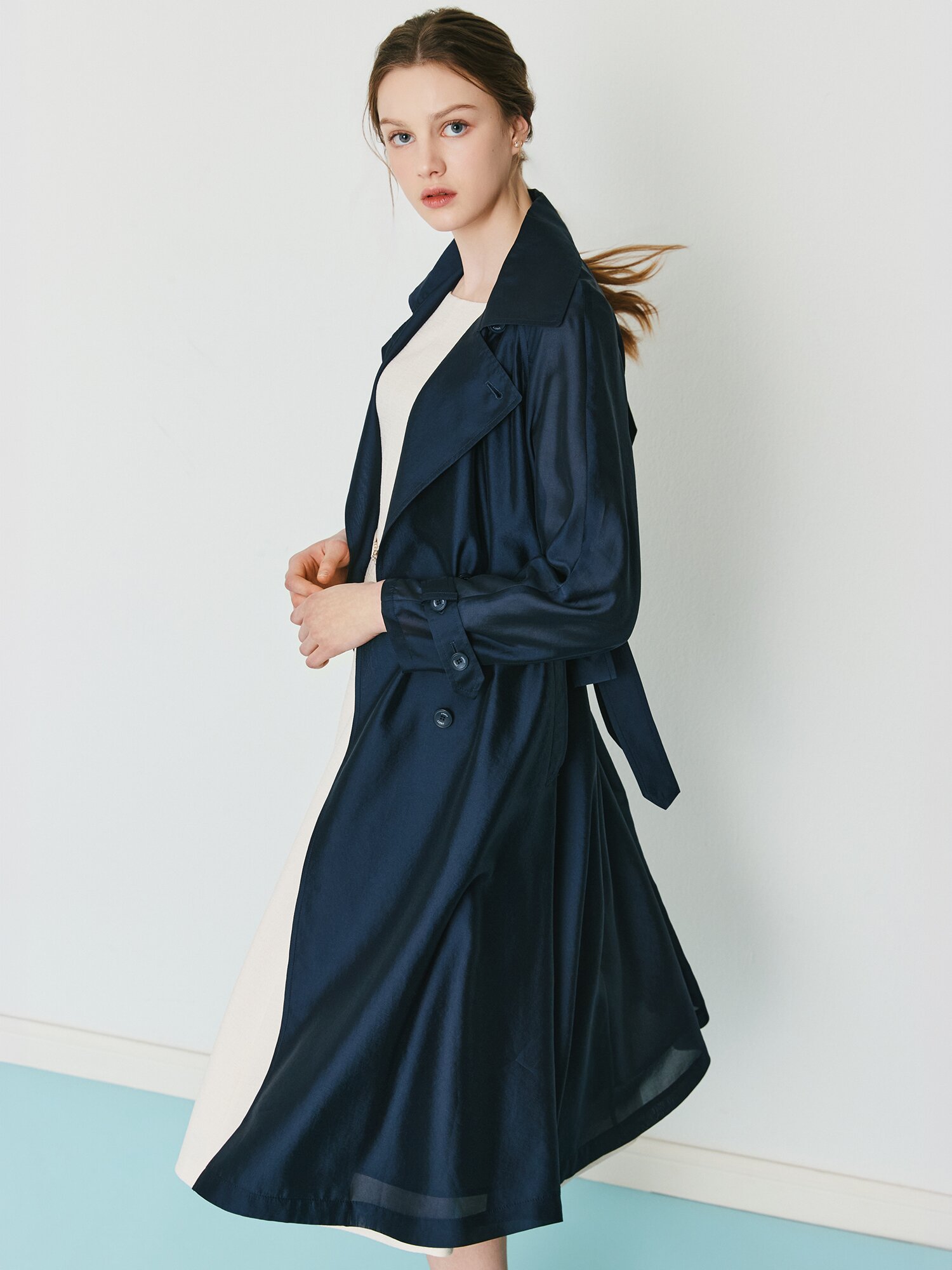 시스루 더블 버튼 트렌치 코트 (DARK NAVY)