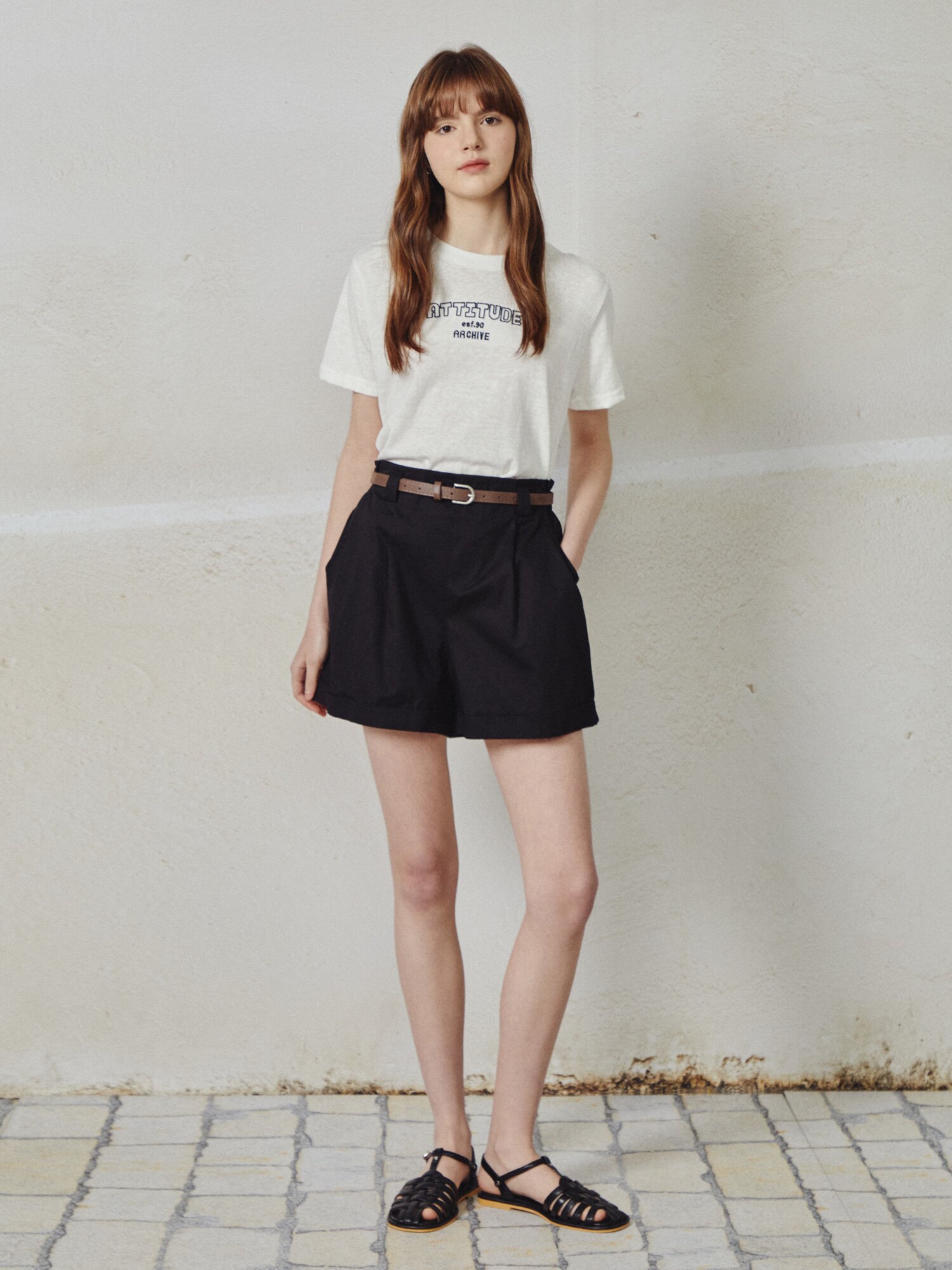 벨티드 원 턱 숏 팬츠 (BLACK)