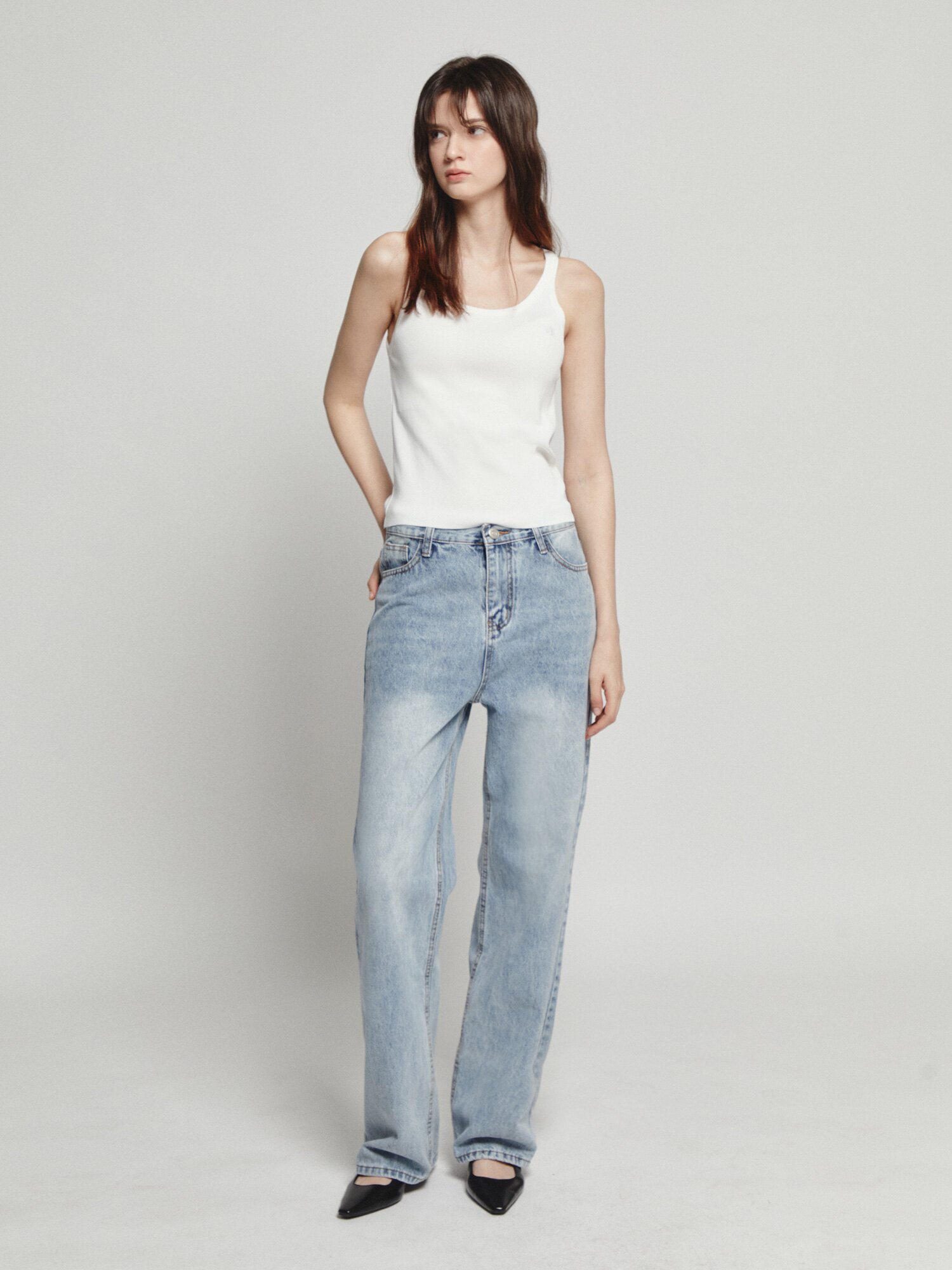 워싱 일자핏 데님 팬츠 (BLUE)