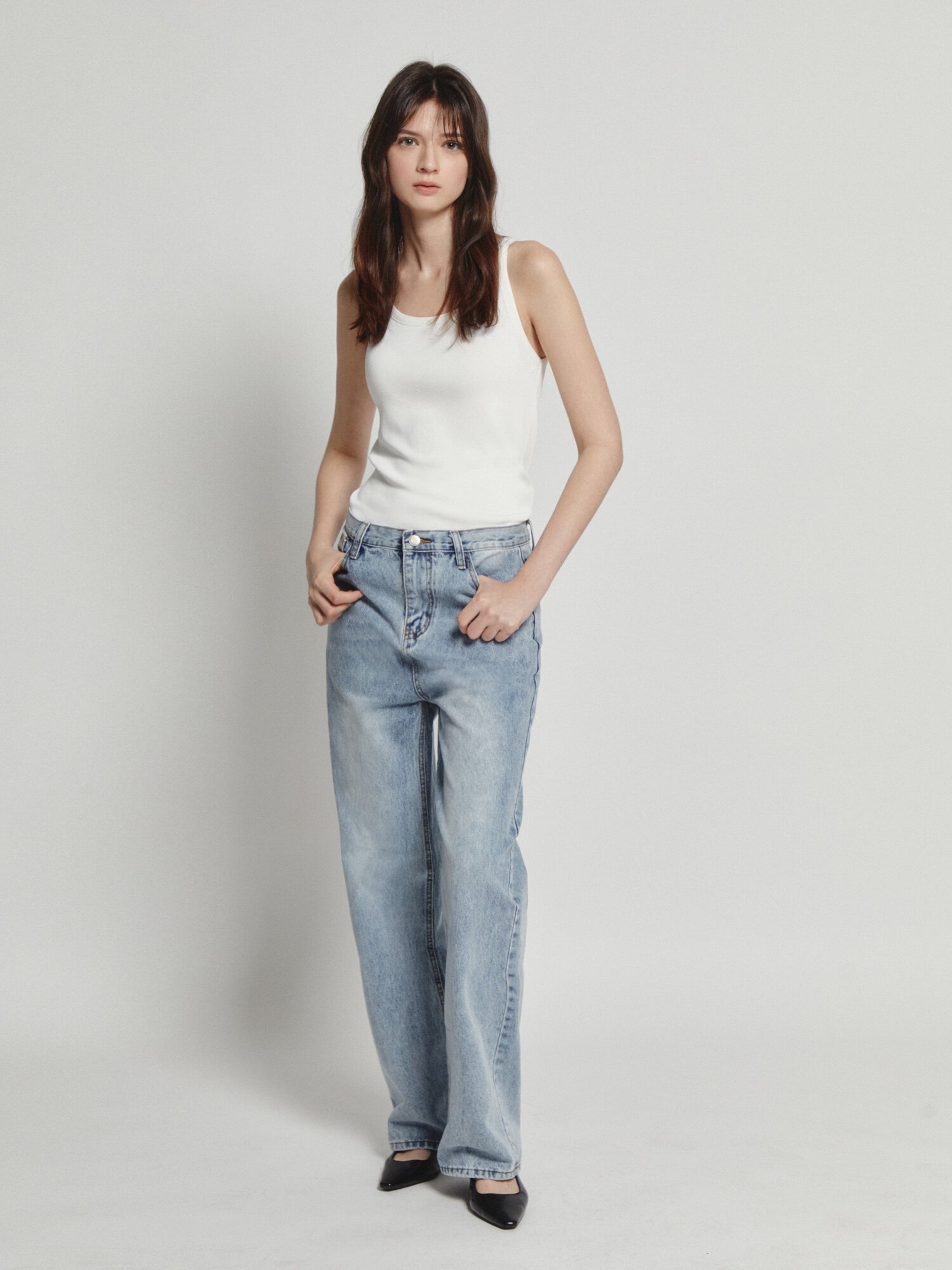 워싱 일자핏 데님 팬츠 (BLUE)