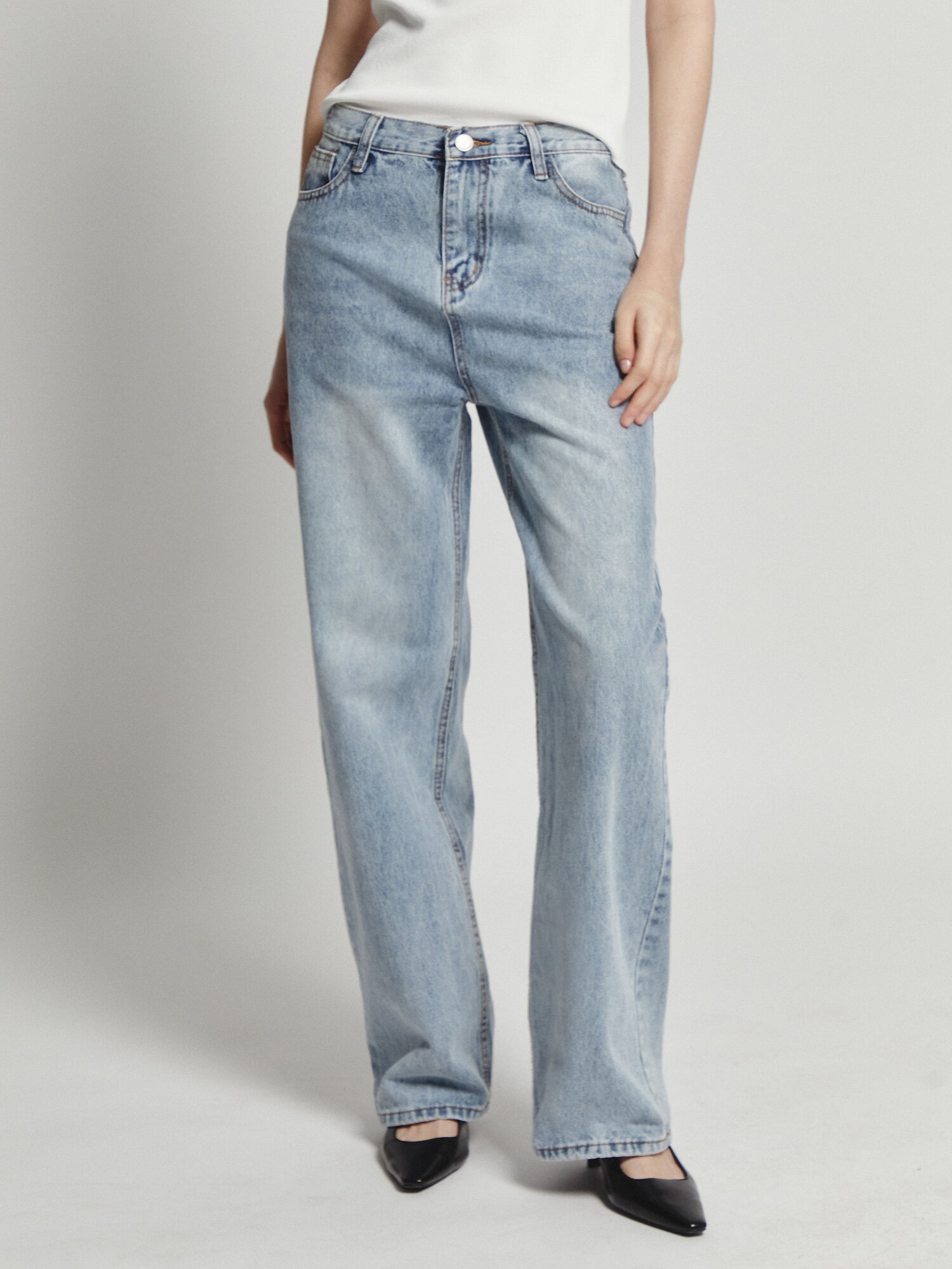 워싱 일자핏 데님 팬츠 (BLUE)