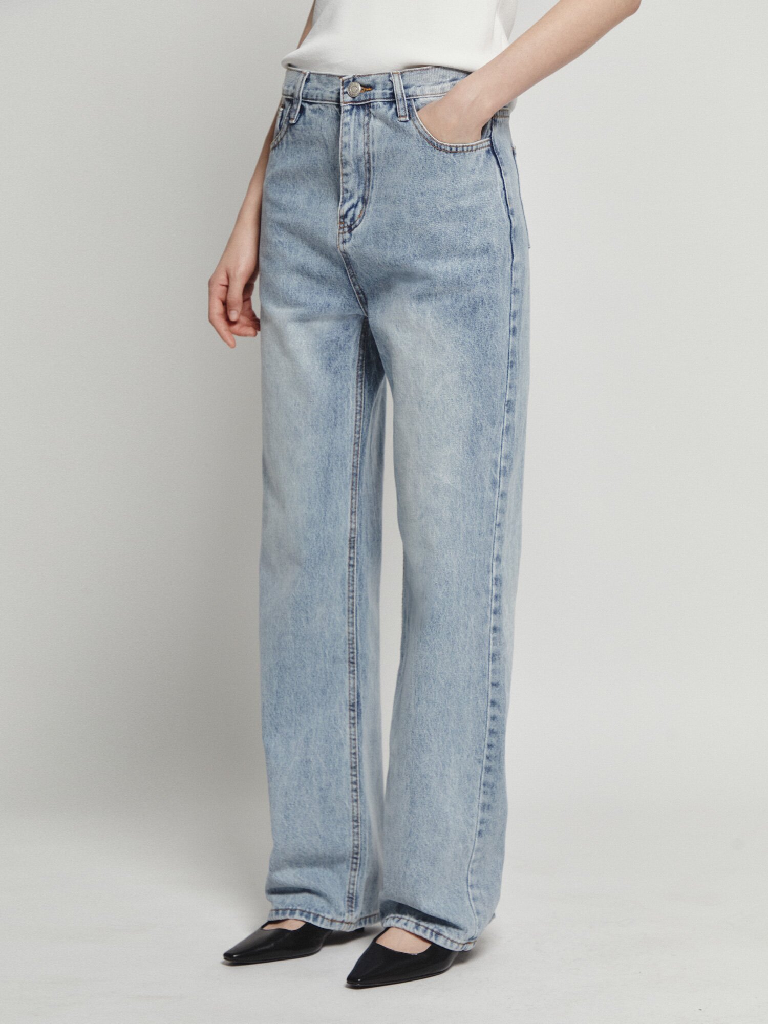 워싱 일자핏 데님 팬츠 (BLUE)