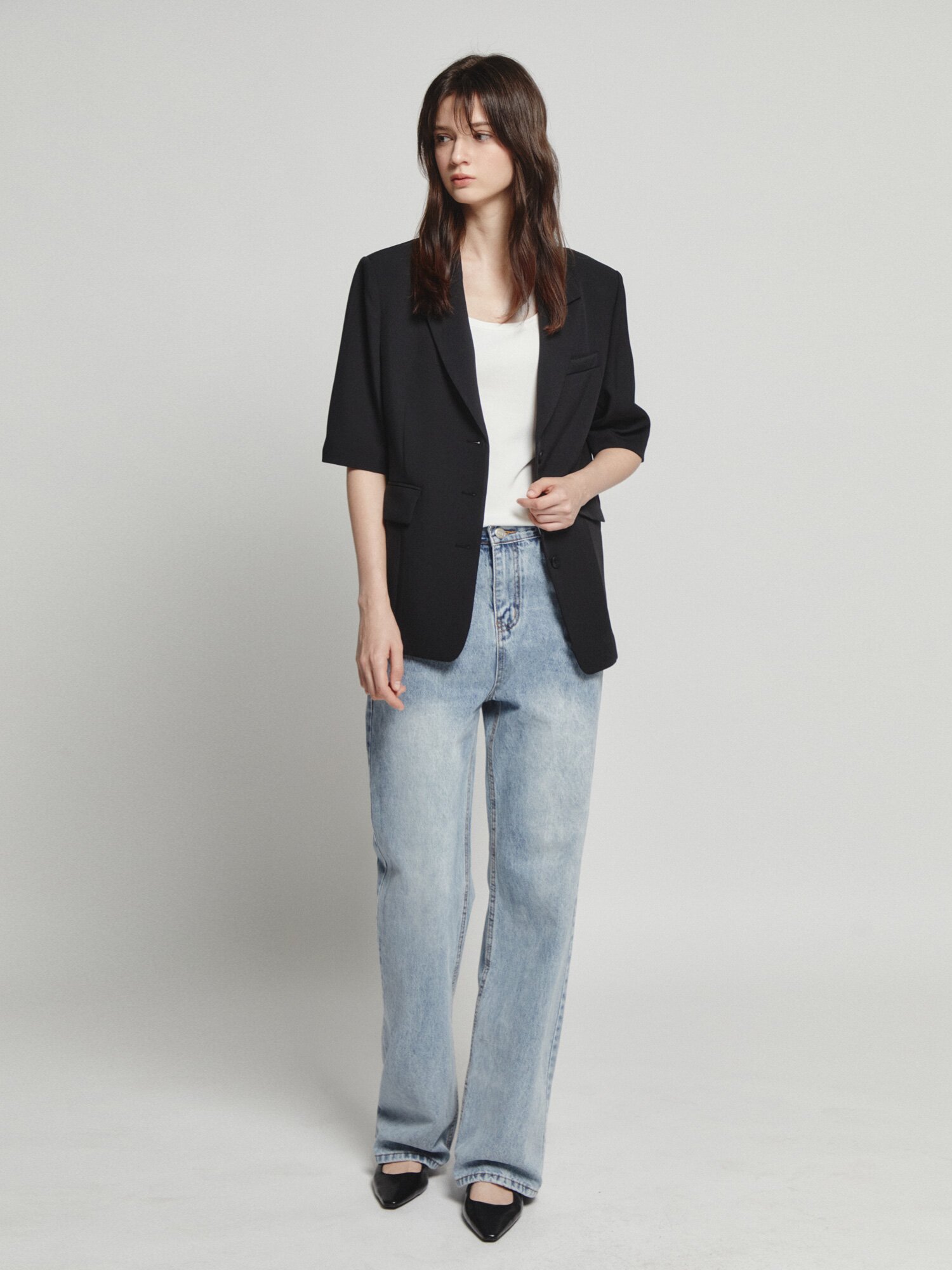 워싱 일자핏 데님 팬츠 (BLUE)