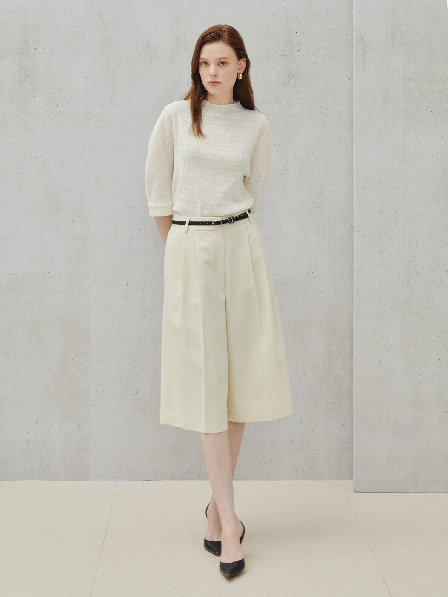 벨티드 핀턱 큐롯 슬랙스 (CREAM)