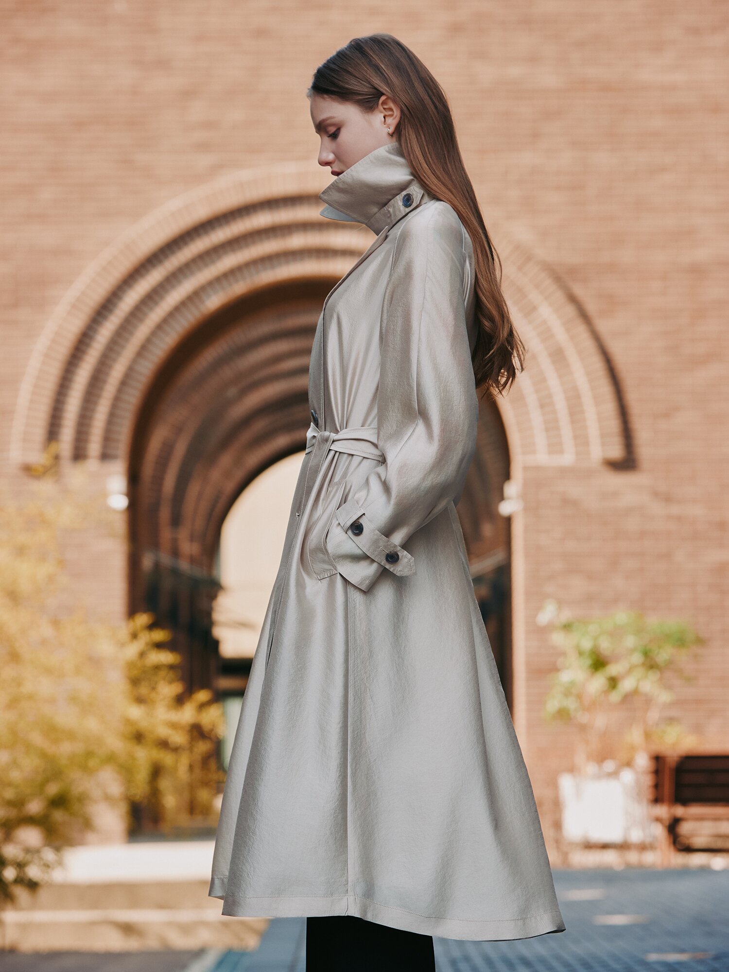 시스루 더블 버튼 트렌치 코트 (BEIGE)