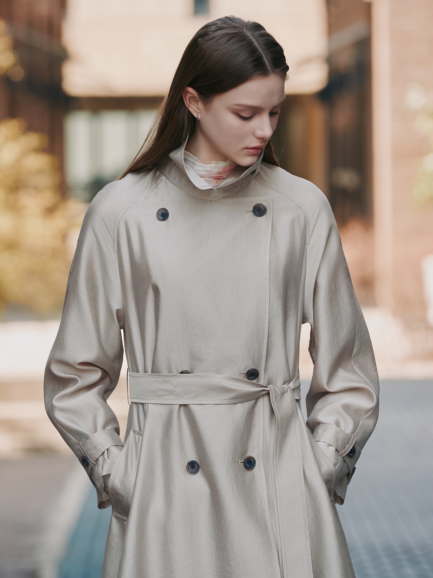 시스루 더블 버튼 트렌치 코트 (BEIGE)