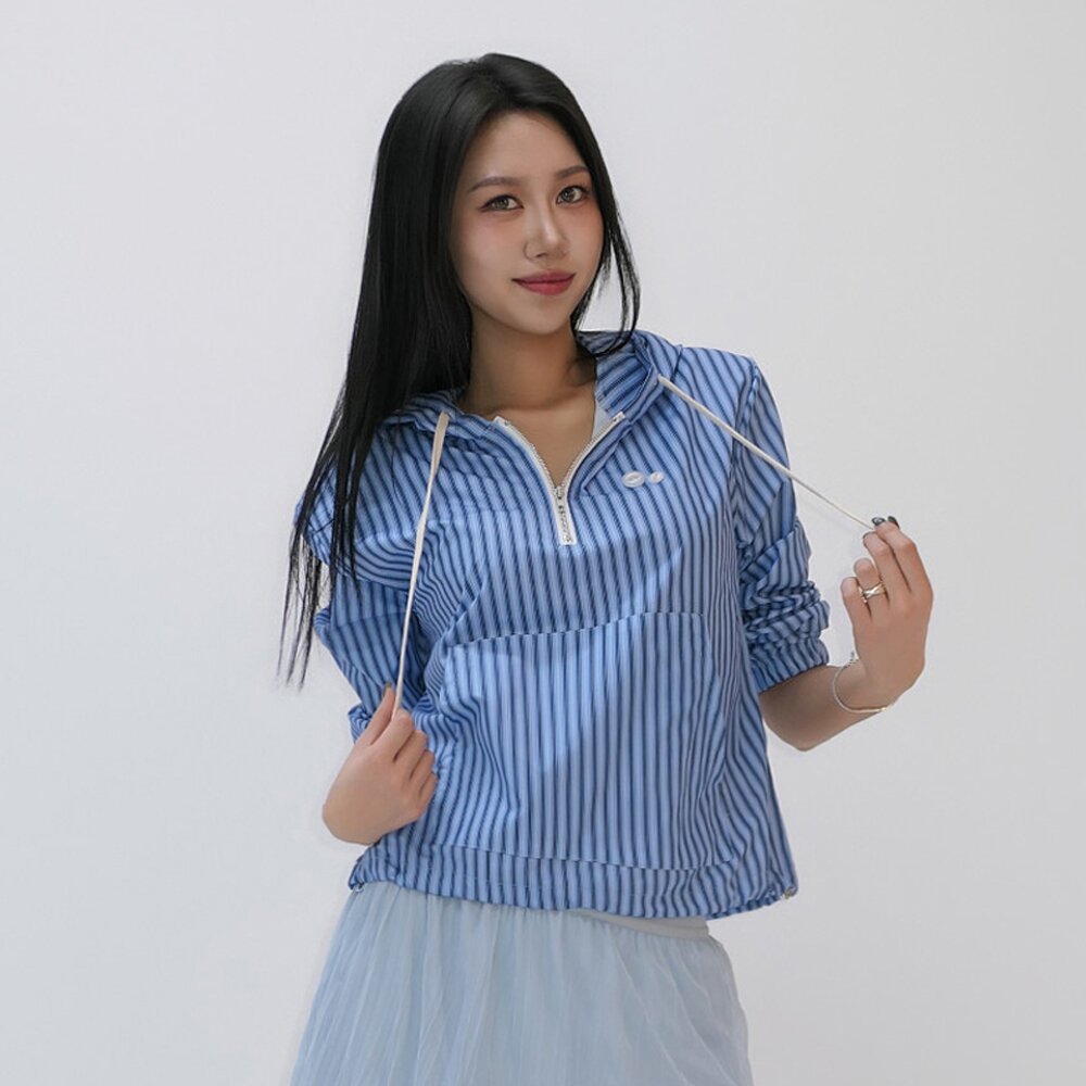 Y2K 스트라이프 크롭 하프집업 아노락 바람막이_블루