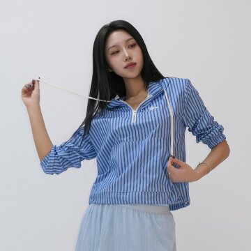 Y2K 스트라이프 크롭 하프집업 아노락 바람막이_블루