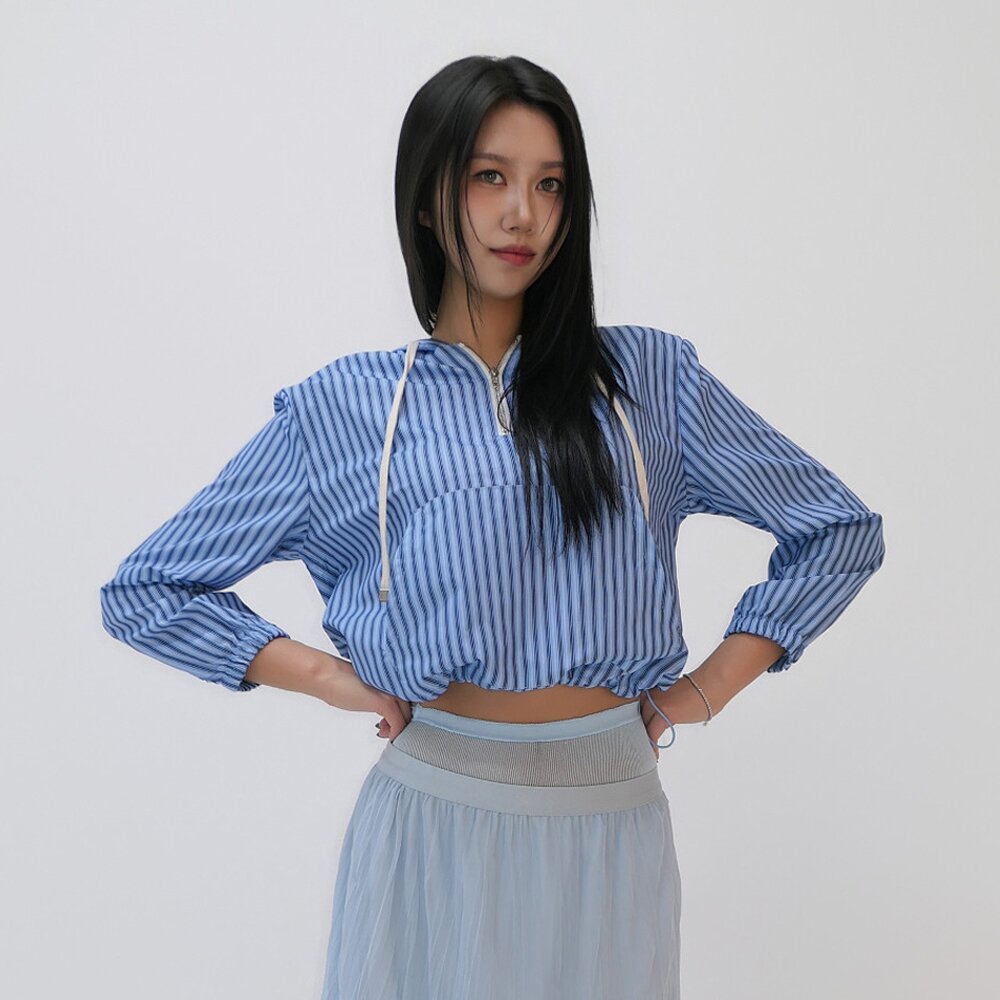 Y2K 스트라이프 크롭 하프집업 아노락 바람막이_블루
