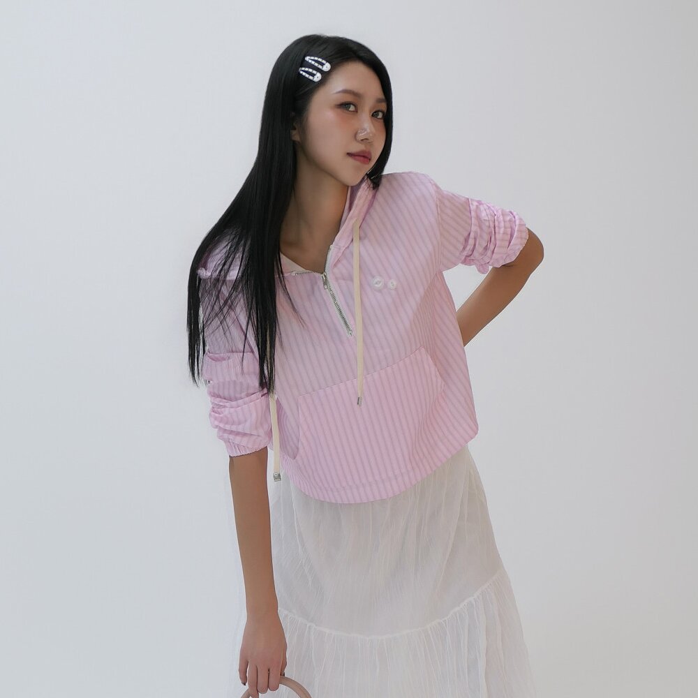 Y2K 스트라이프 크롭 하프집업 아노락 바람막이_핑크