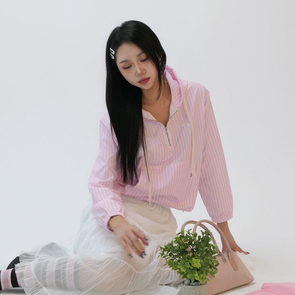 Y2K 스트라이프 크롭 하프집업 아노락 바람막이_핑크