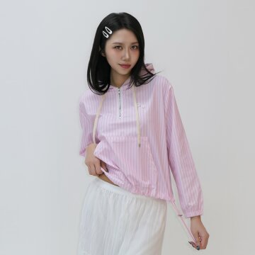 Y2K 스트라이프 크롭 하프집업 아노락 바람막이_핑크