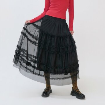 로맨틱 발레코어 플라워 튤 캉캉 롱스커트_블랙