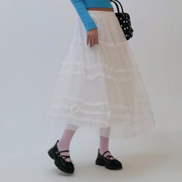 로맨틱 발레코어 플라워 튤 캉캉 롱스커트_화이트