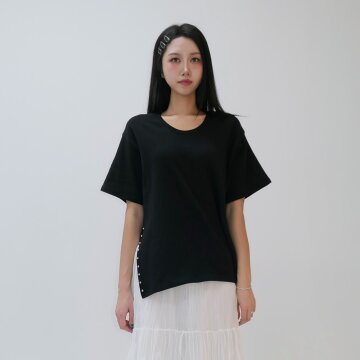 Y2K 스터드 옆트임 오버핏 5부 반팔 티셔츠_블랙