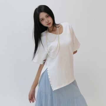 Y2K 스터드 옆트임 오버핏 5부 반팔 티셔츠_화이트