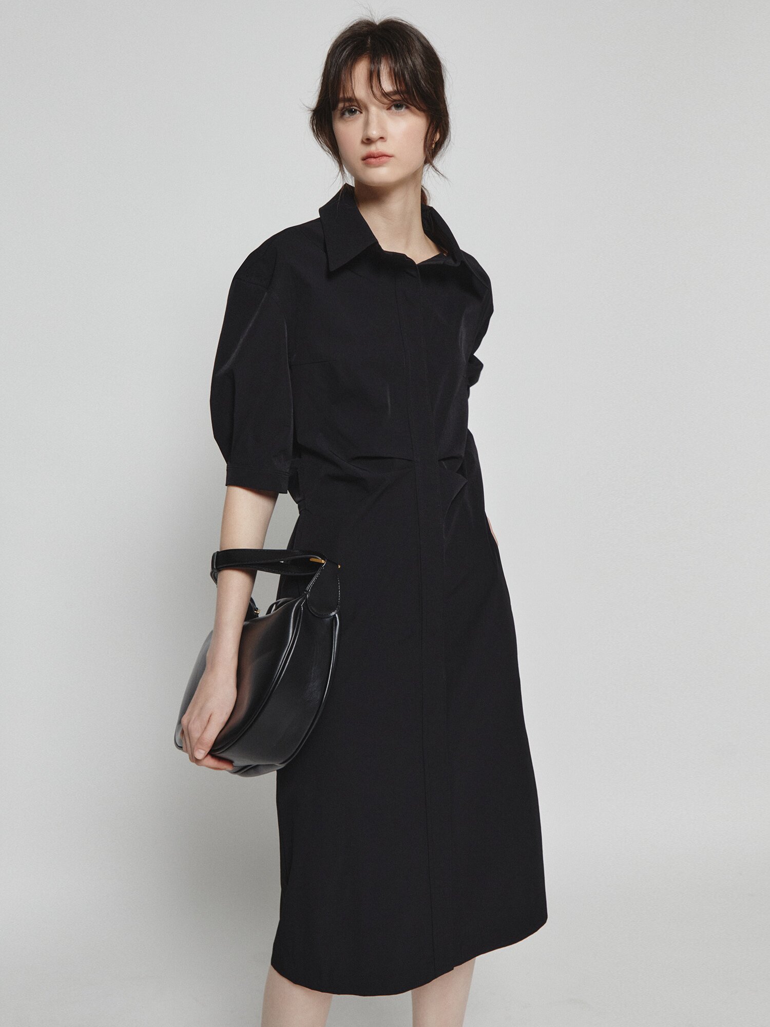 백 트위스트 H라인 셔츠 원피스 (BLACK)