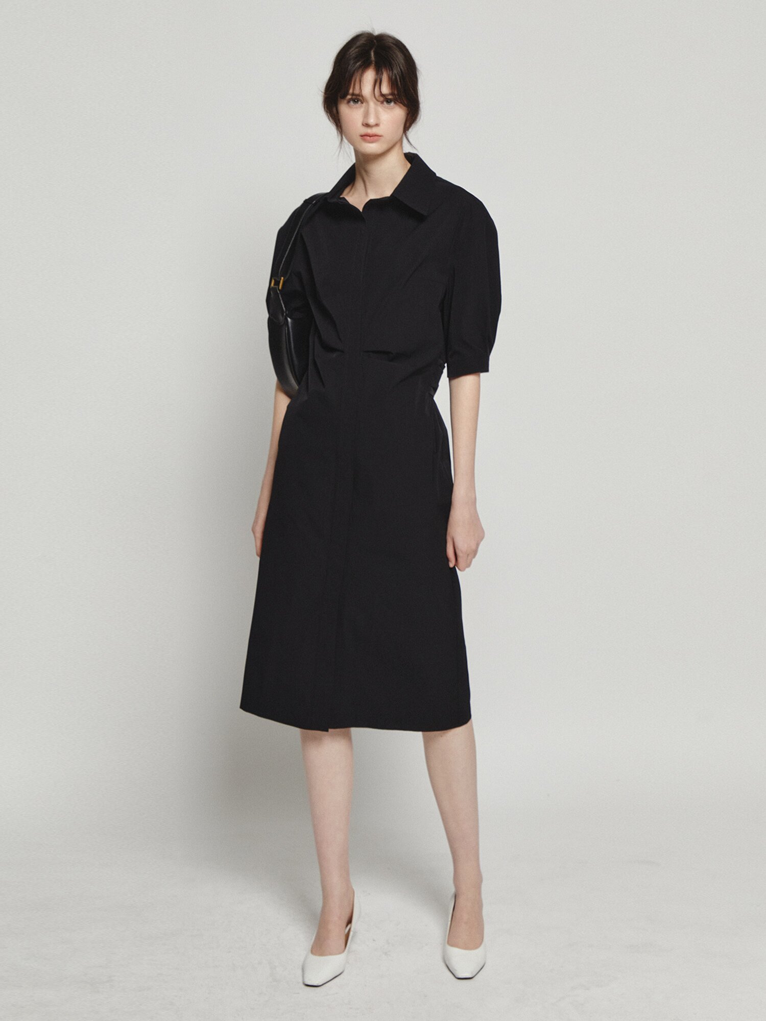 백 트위스트 H라인 셔츠 원피스 (BLACK)