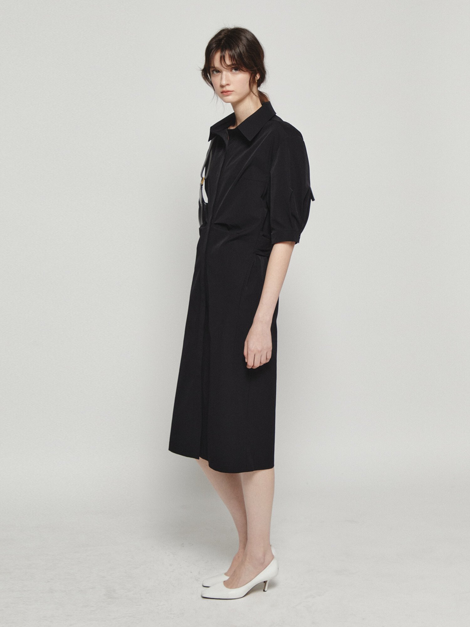 백 트위스트 H라인 셔츠 원피스 (BLACK)