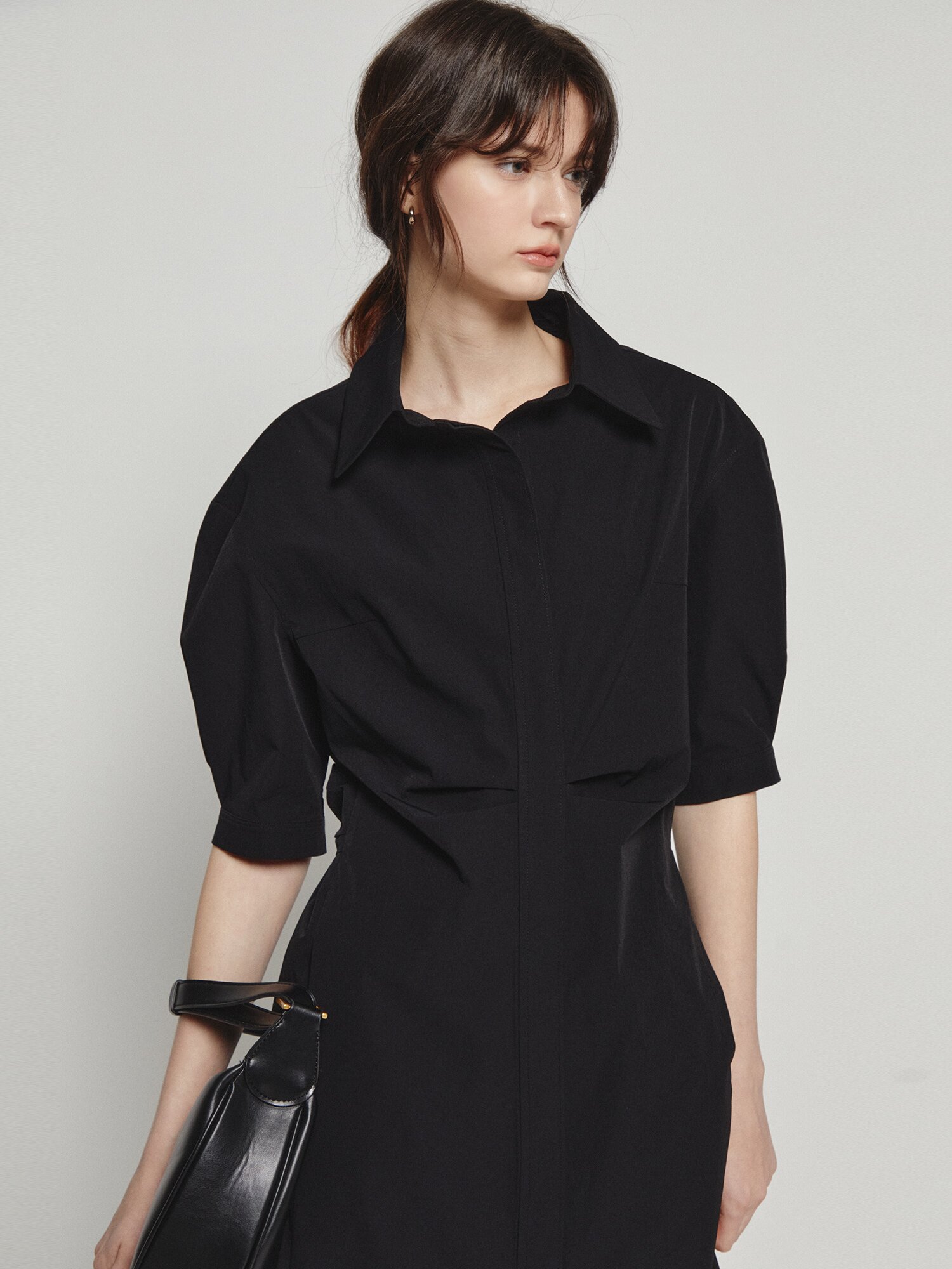 백 트위스트 H라인 셔츠 원피스 (BLACK)