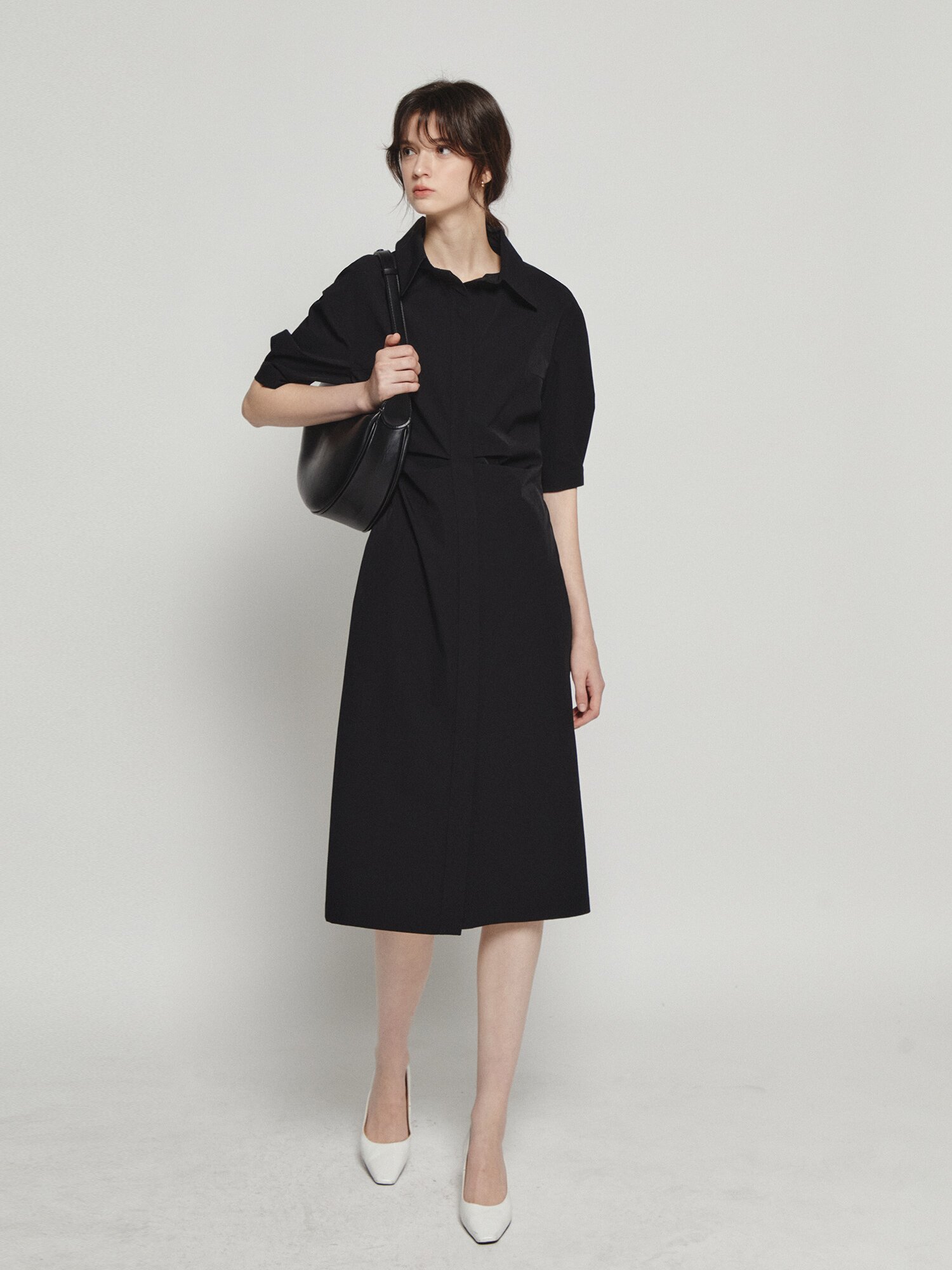 백 트위스트 H라인 셔츠 원피스 (BLACK)