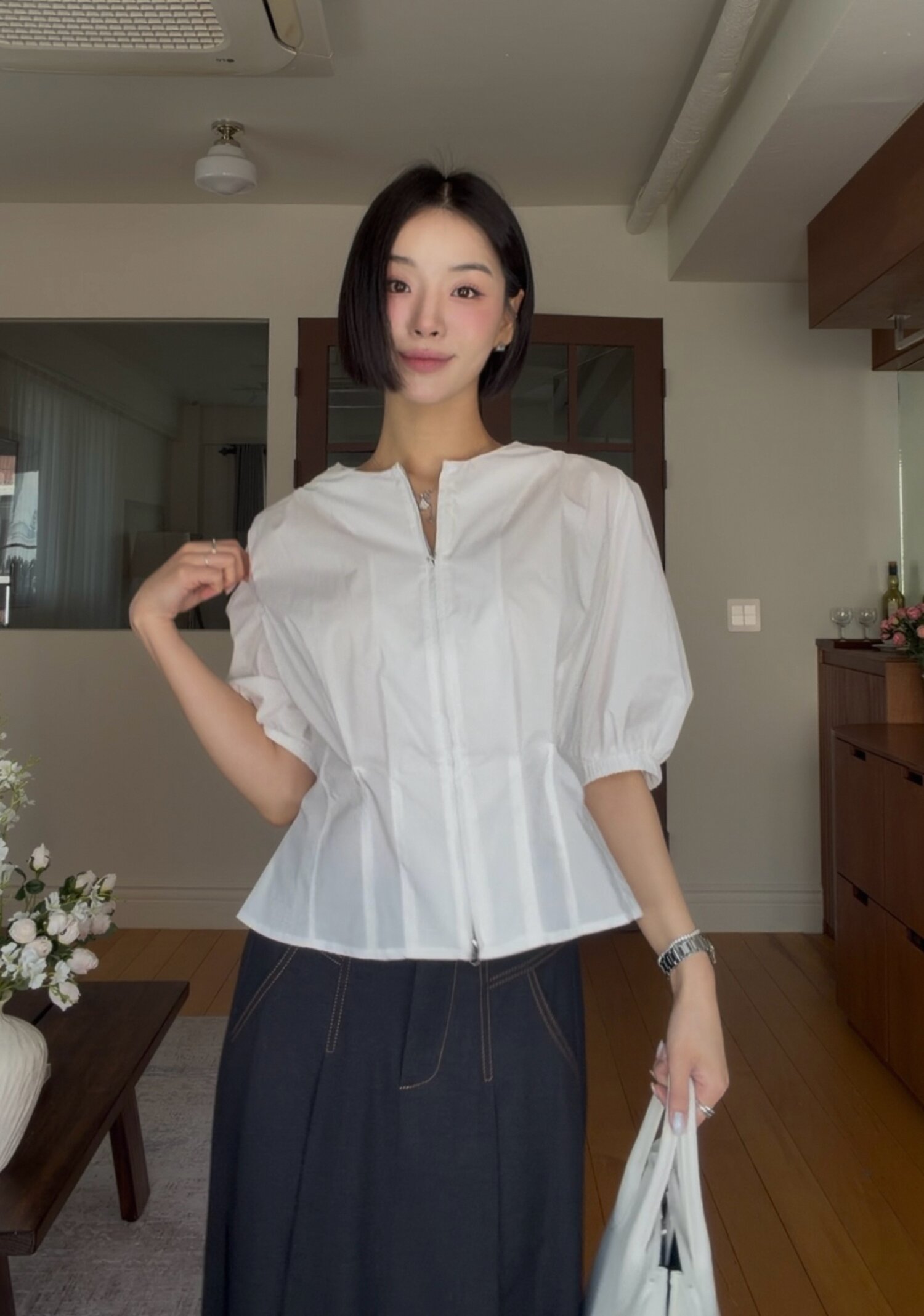 백 밴딩 플레어 데님 스커트 (BLACK)