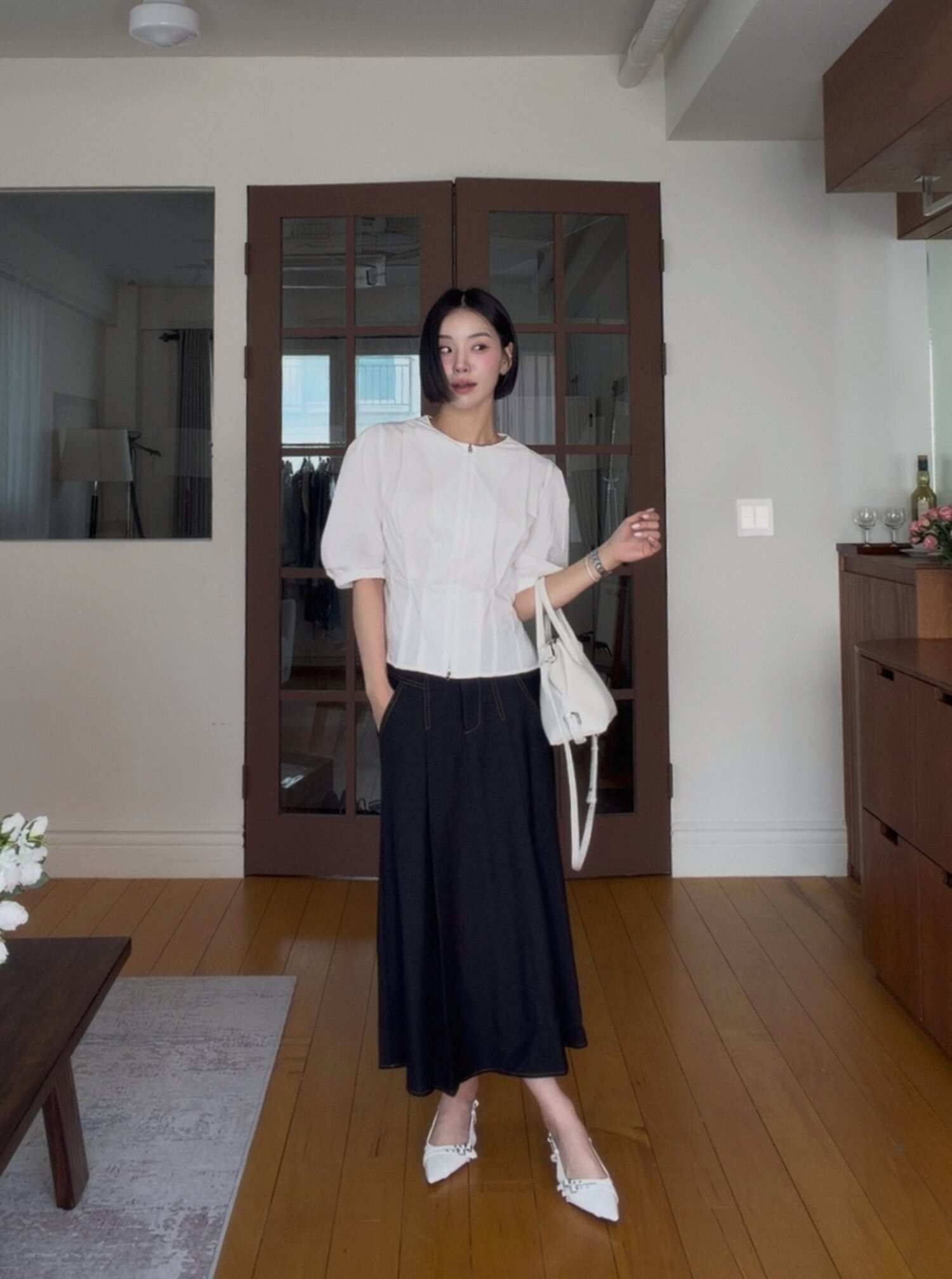 백 밴딩 플레어 데님 스커트 (BLACK)