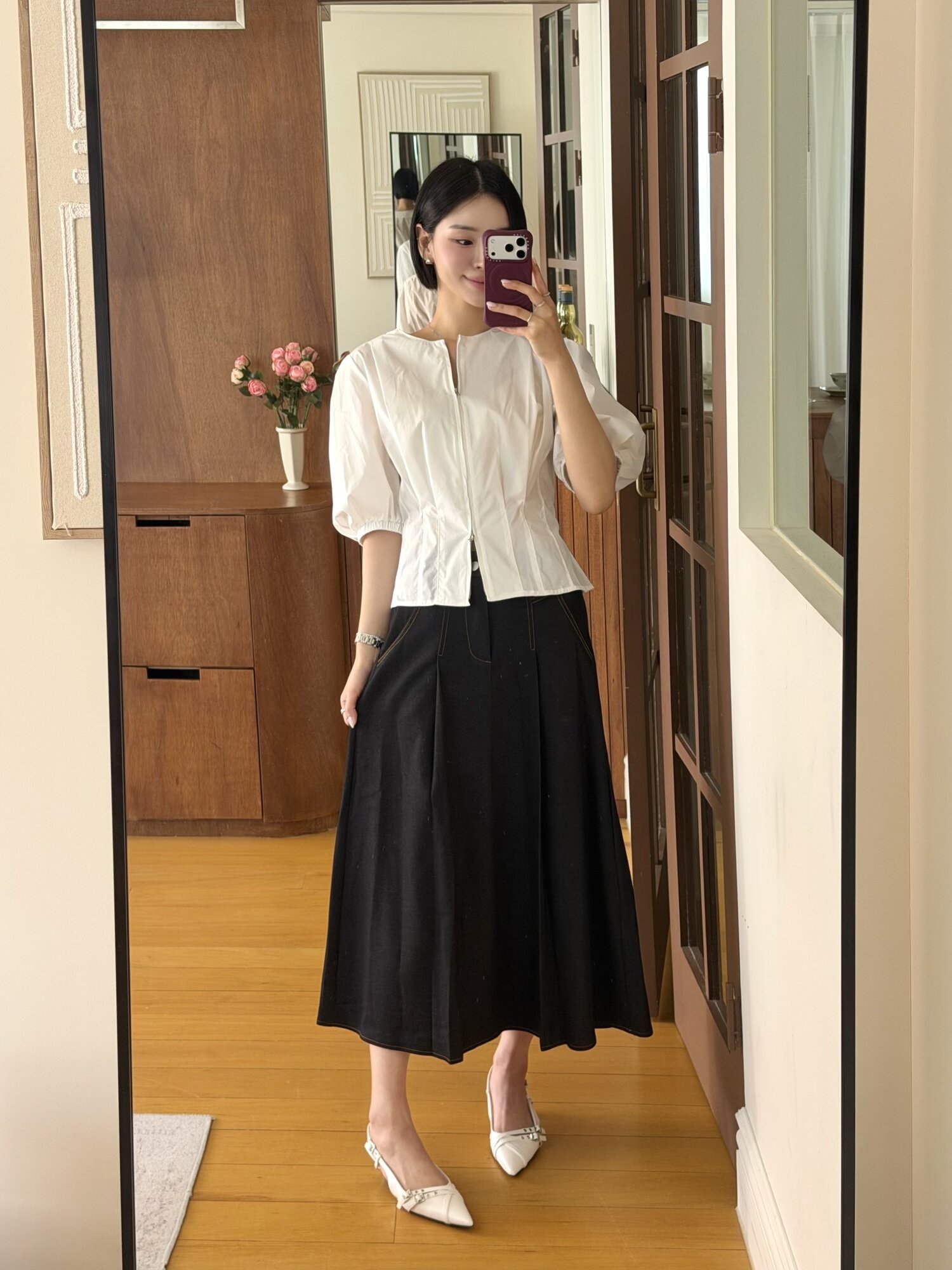 백 밴딩 플레어 데님 스커트 (BLACK)