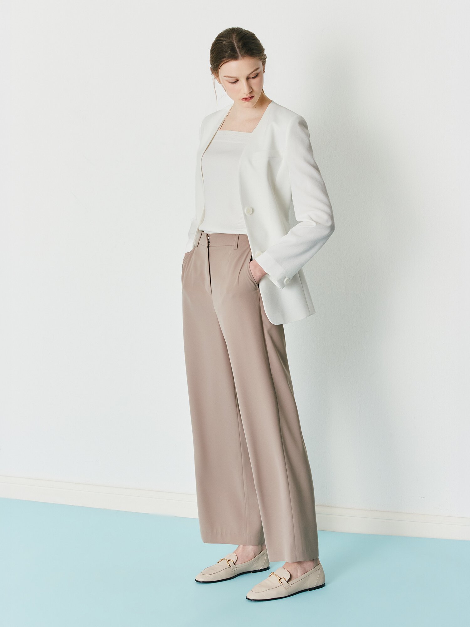 노턱 백 밴딩 와이드 팬츠 (BEIGE)