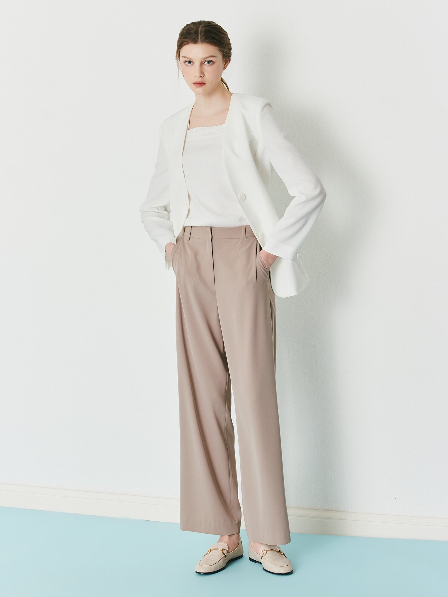 노턱 백 밴딩 와이드 팬츠 (BEIGE)