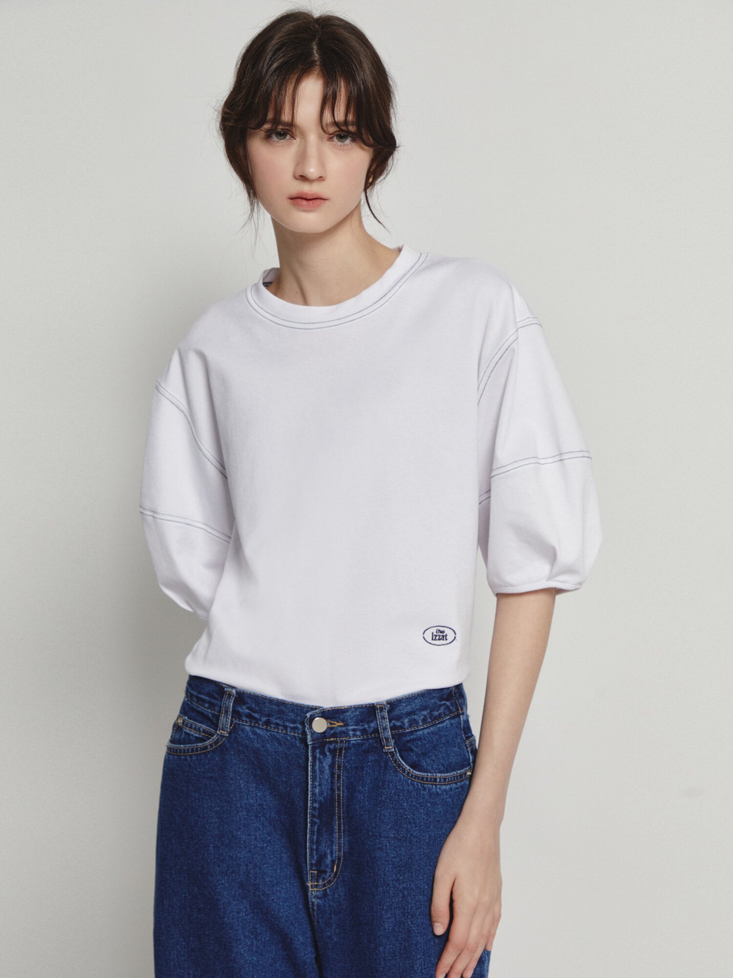 코튼 로고 자수 스티치 티셔츠 (WHITE)