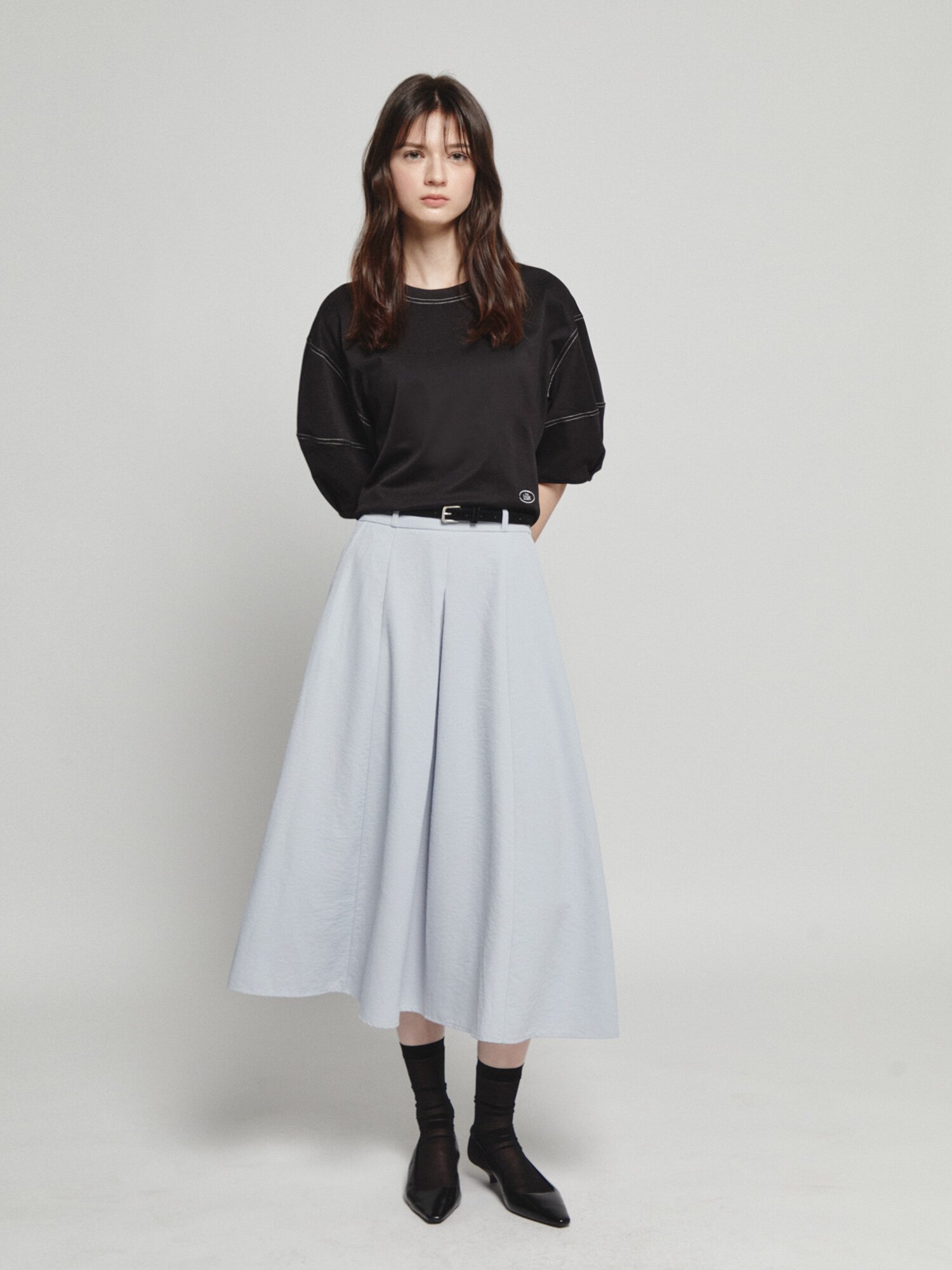 코튼 로고 자수 스티치 티셔츠 (BLACK)
