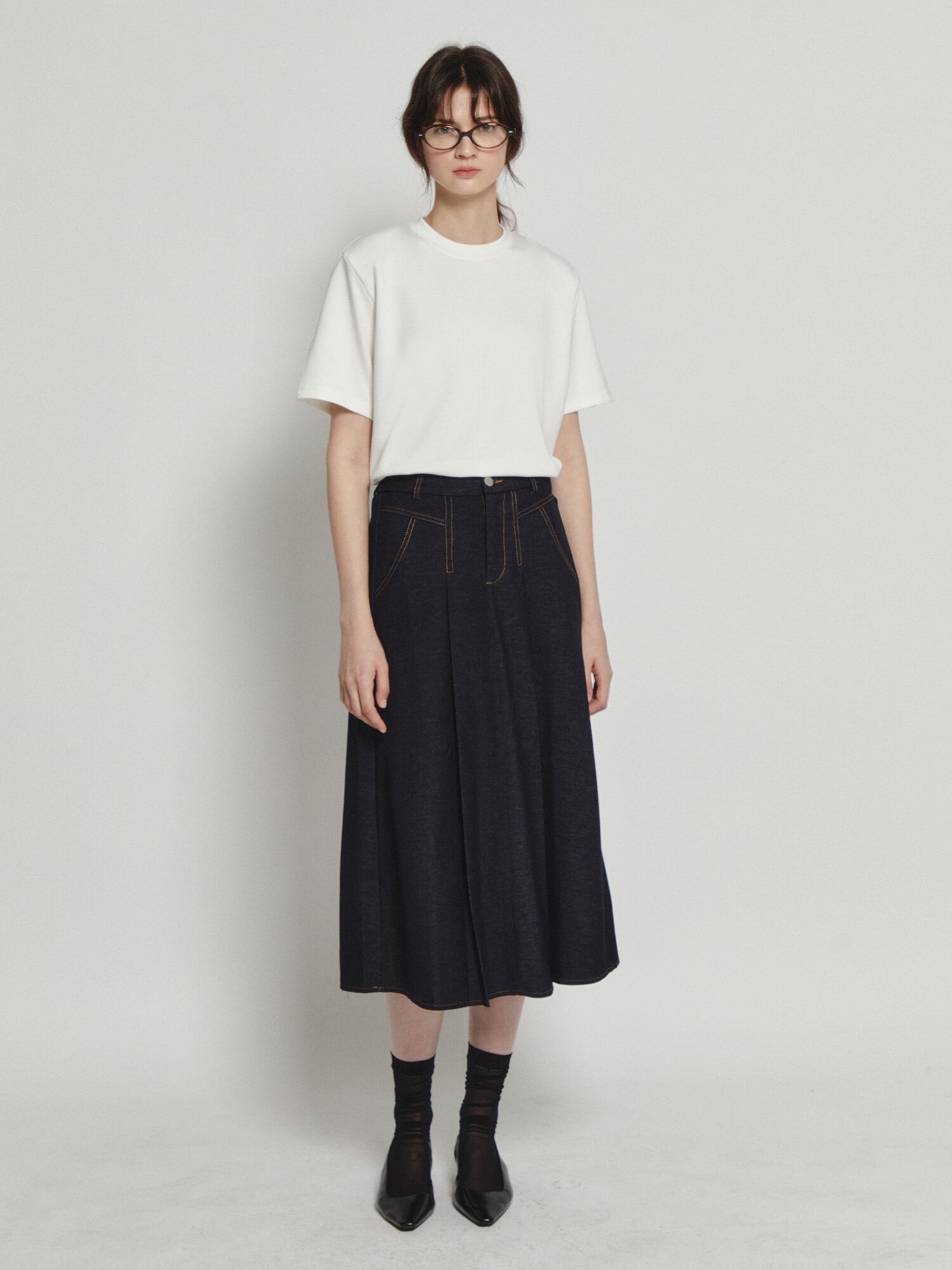 백 밴딩 플레어 데님 스커트 (INDIGO)