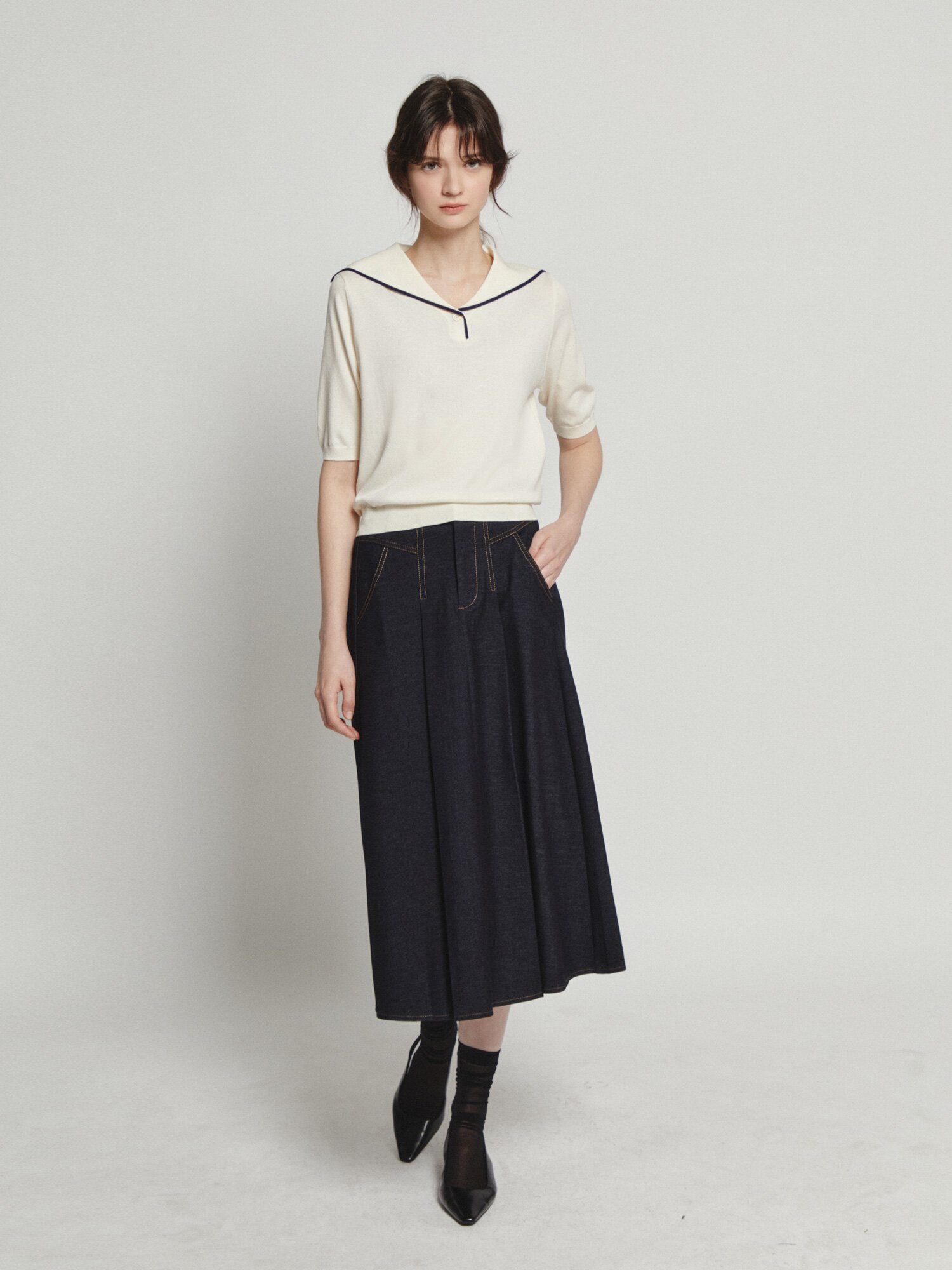 백 밴딩 플레어 데님 스커트 (INDIGO)