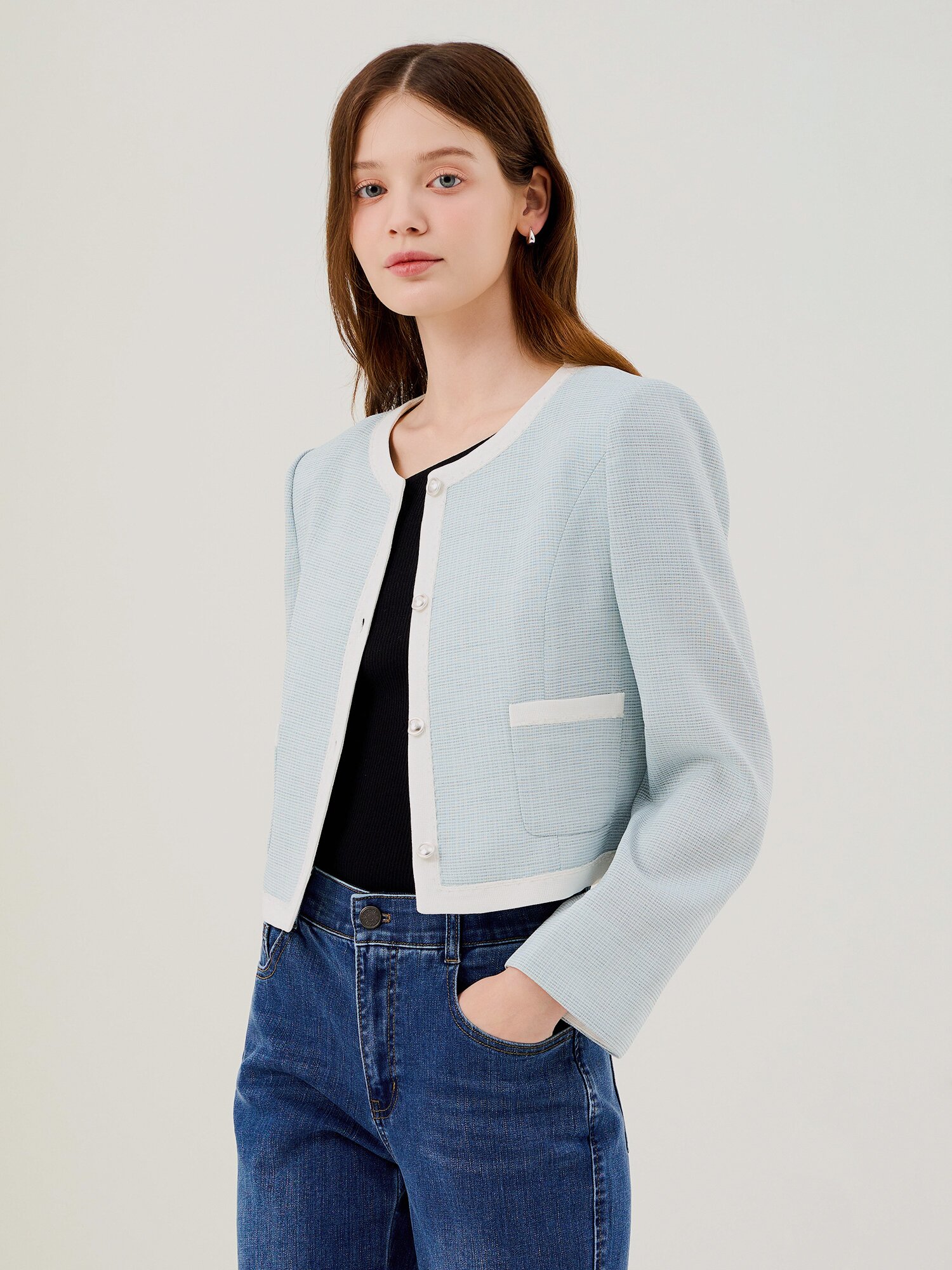 라인 배색 라운드넥 크롭 재킷 (MINT)