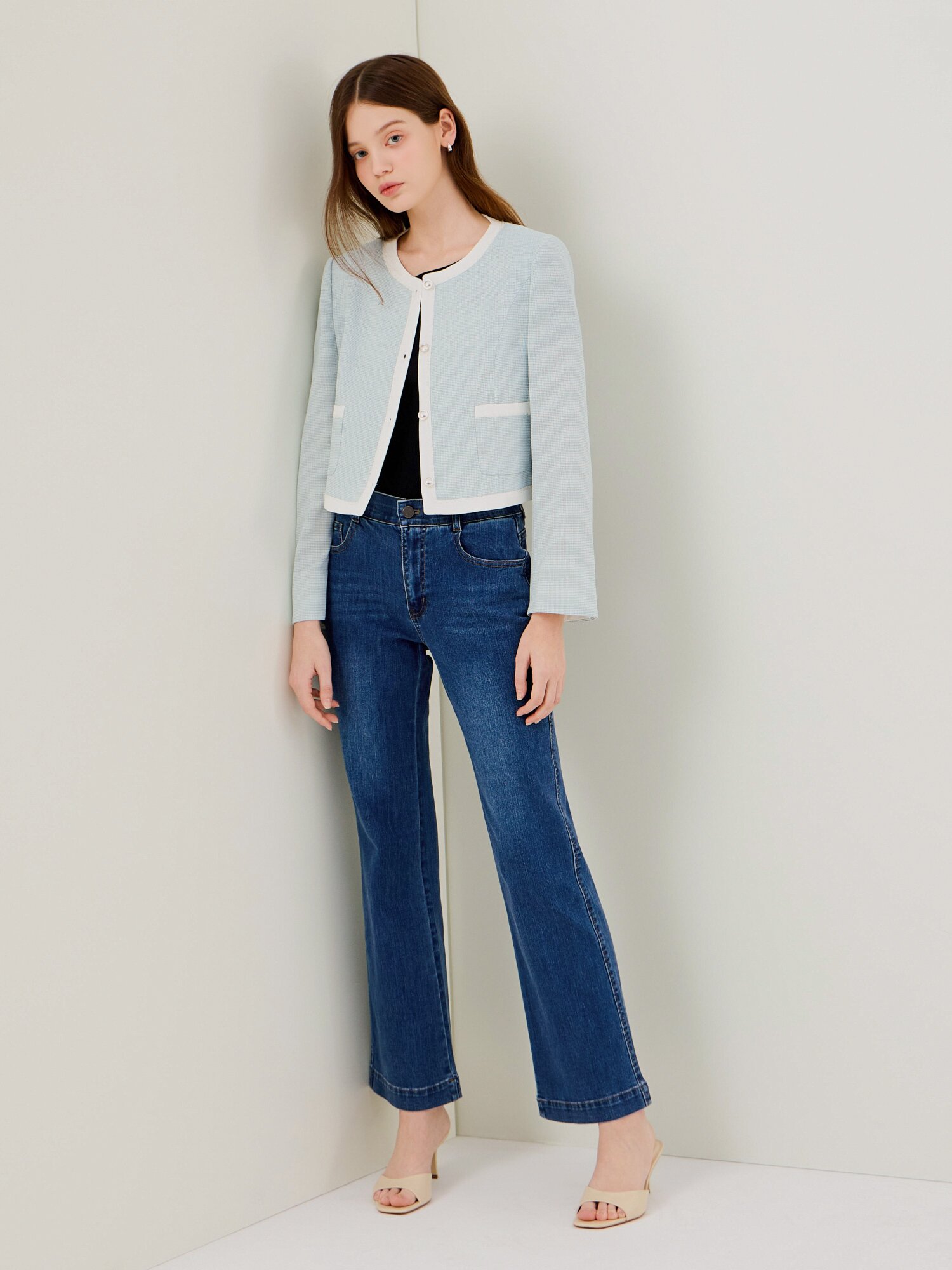 라인 배색 라운드넥 크롭 재킷 (MINT)