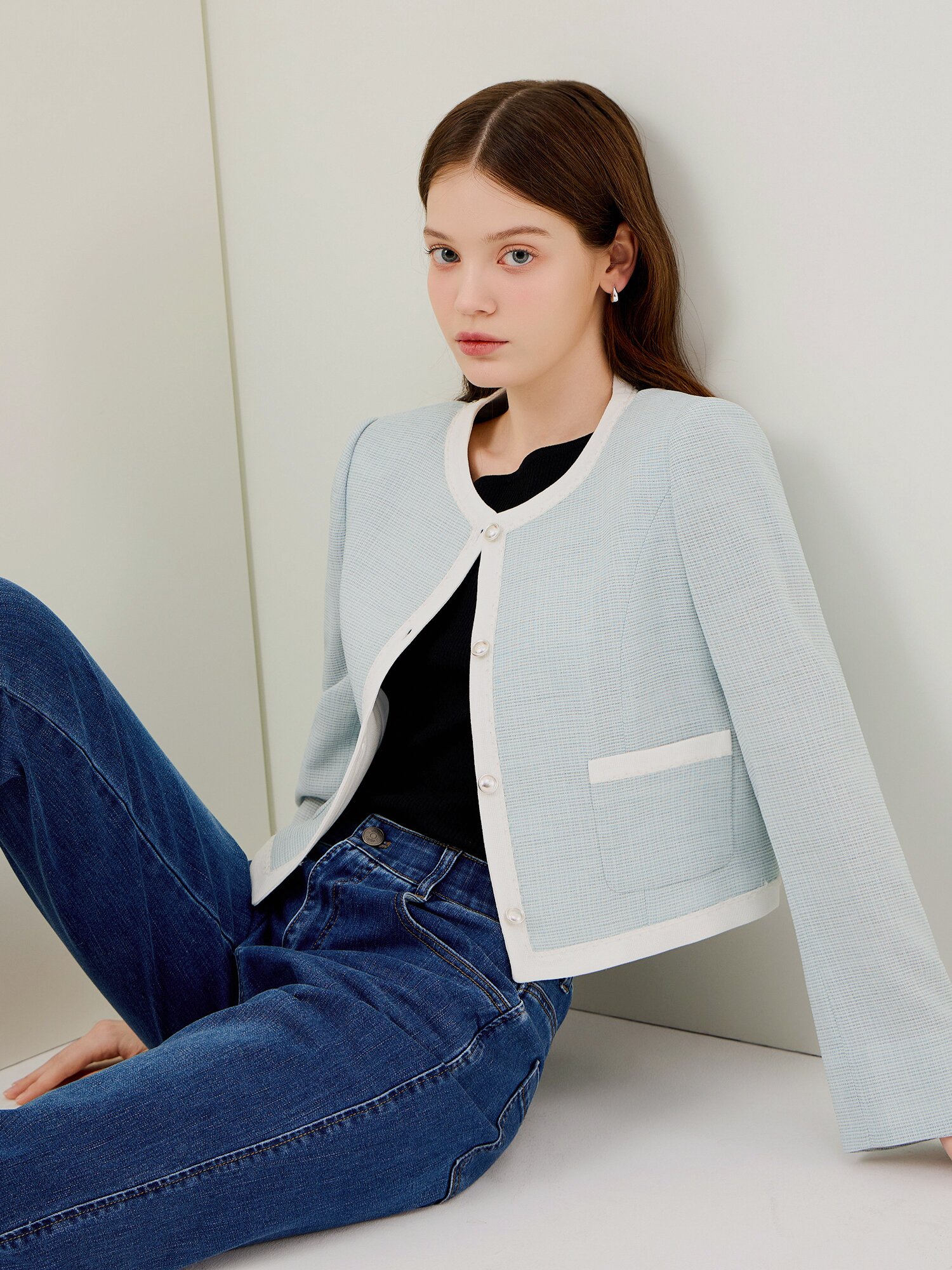 라인 배색 라운드넥 크롭 재킷 (MINT)