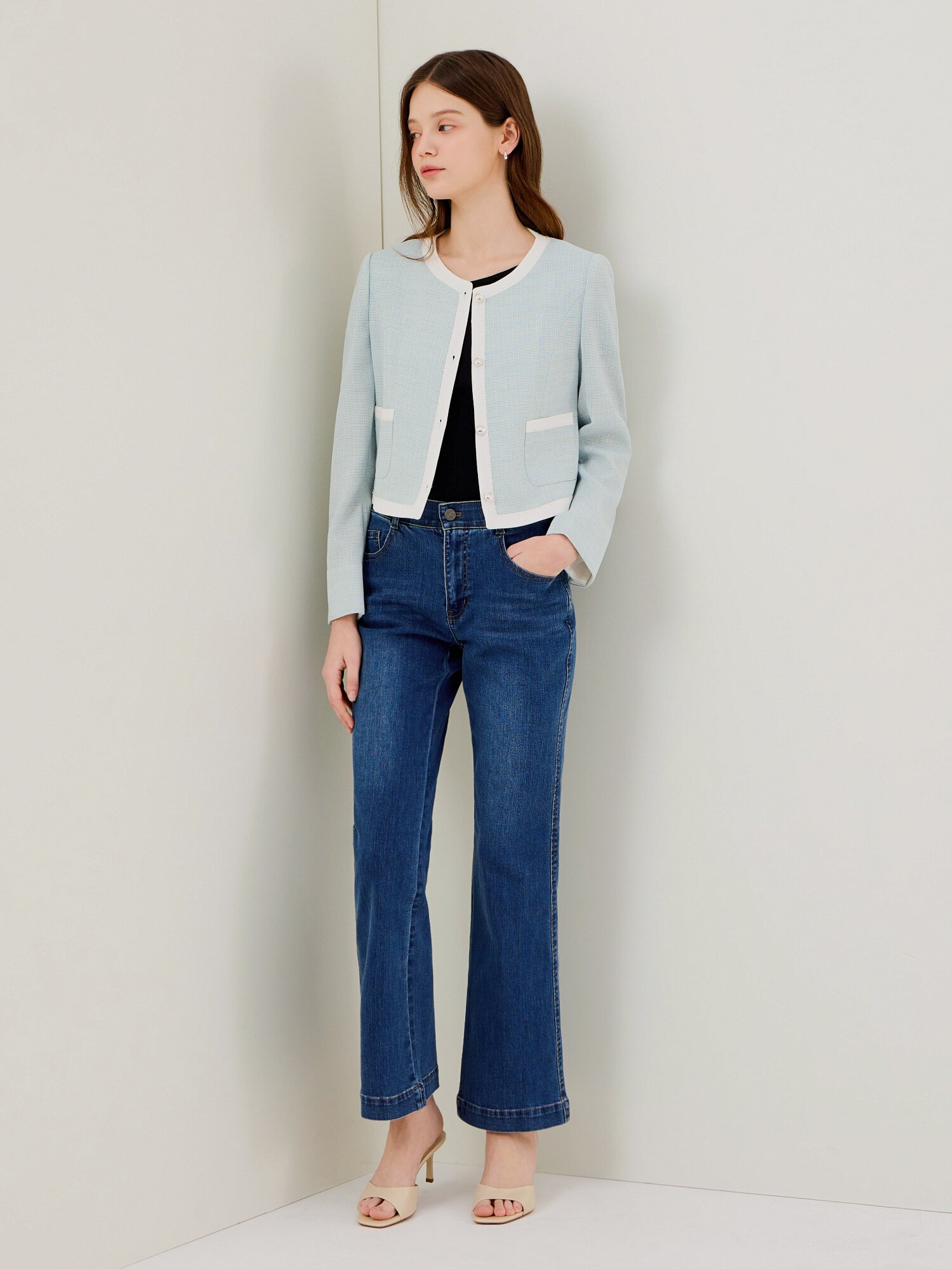 라인 배색 라운드넥 크롭 재킷 (MINT)