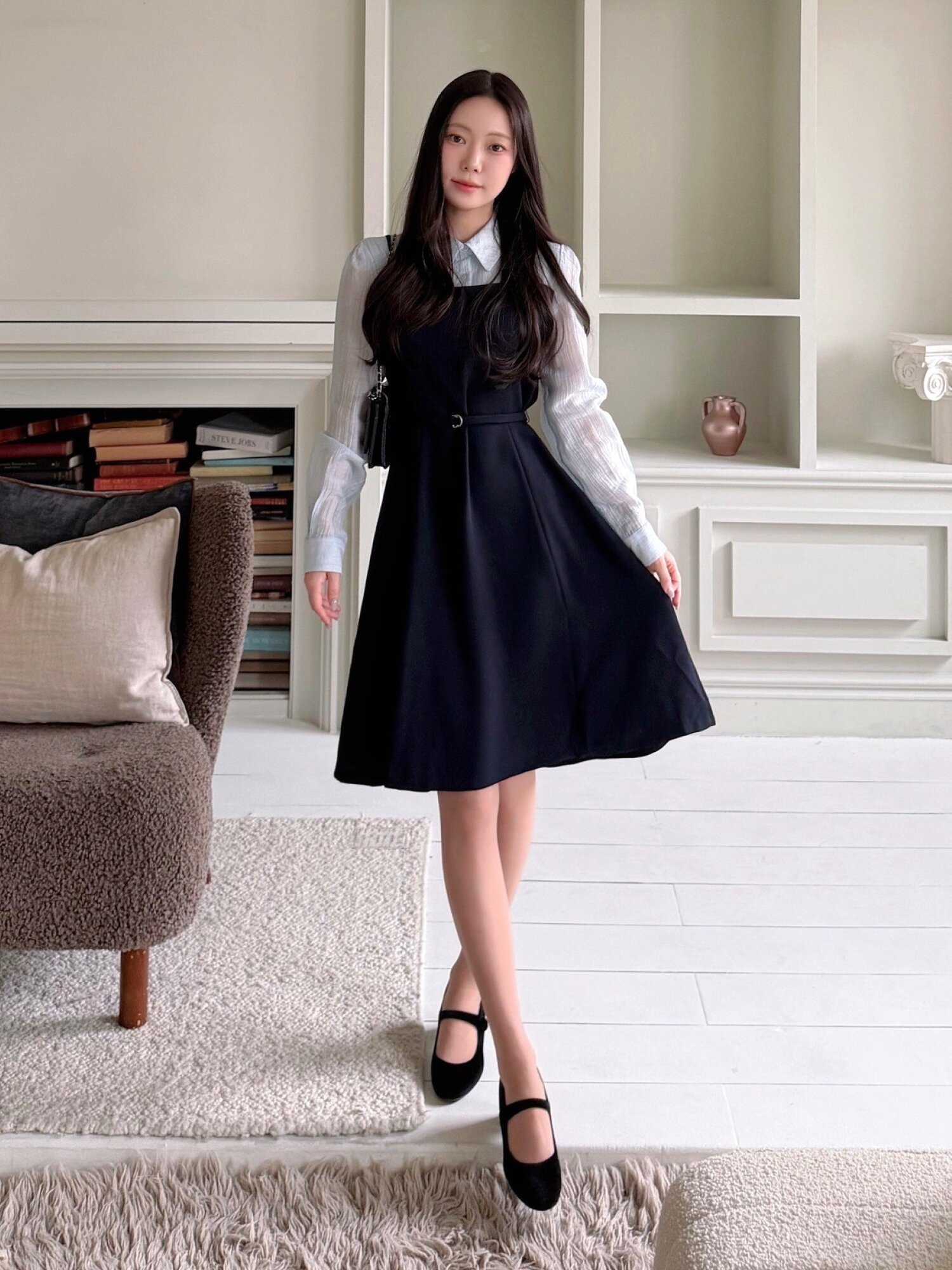 셔츠 배색 뷔스티에 플레어 원피스 (NAVY)