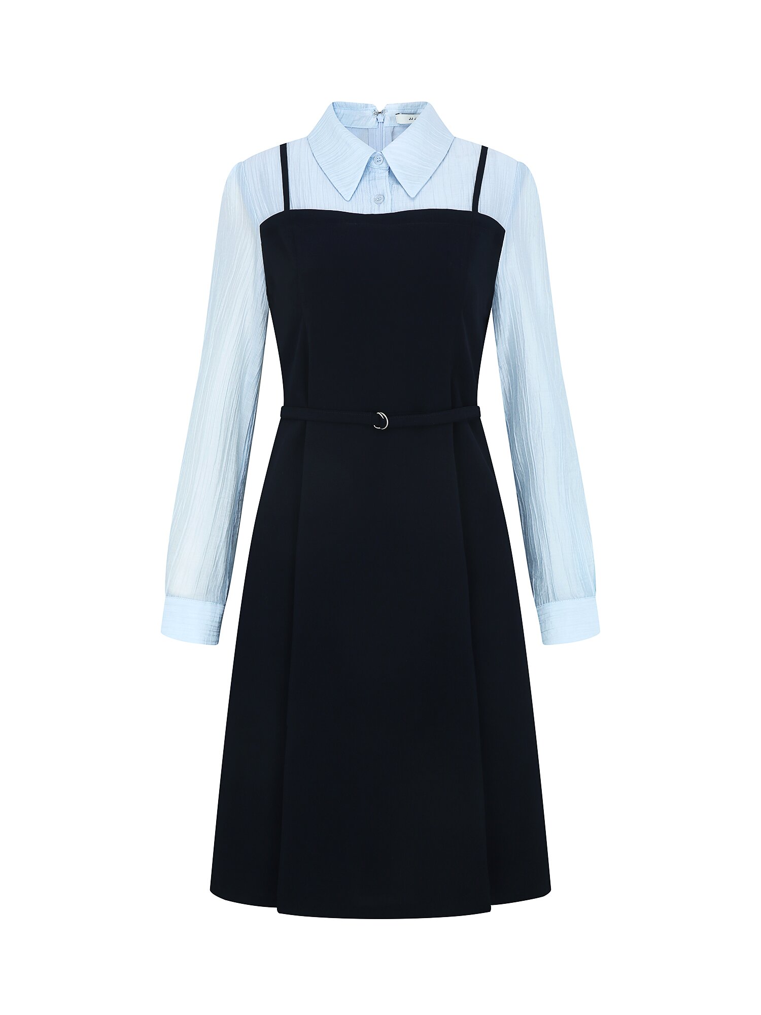 셔츠 배색 뷔스티에 플레어 원피스 (NAVY)