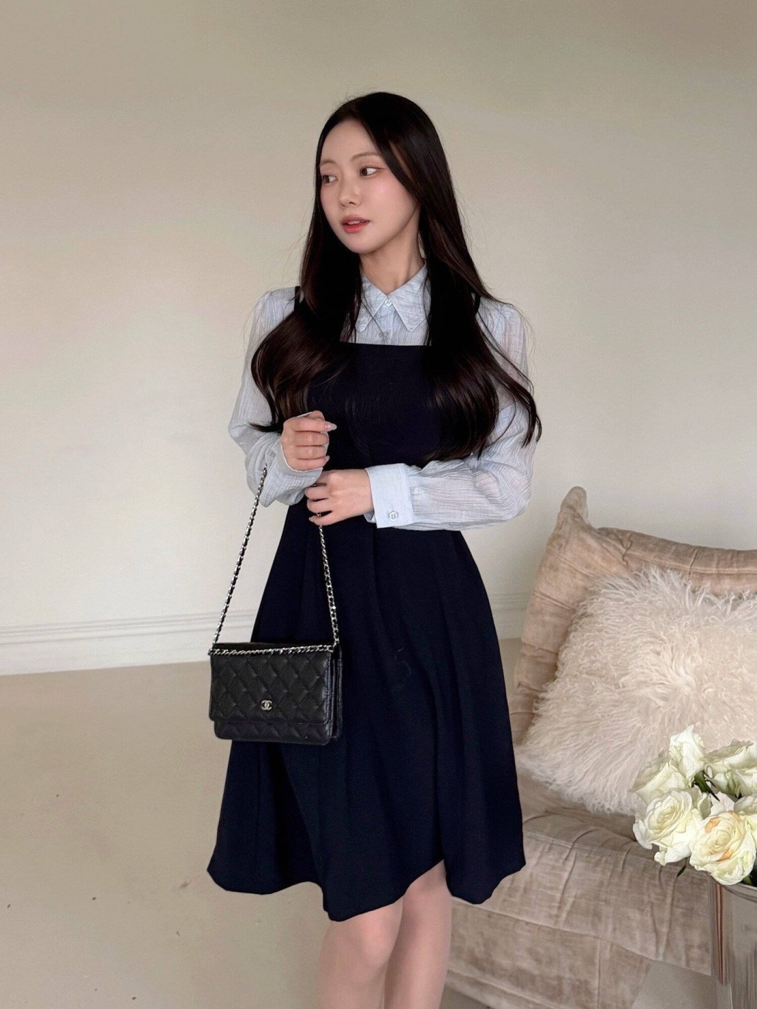 셔츠 배색 뷔스티에 플레어 원피스 (NAVY)