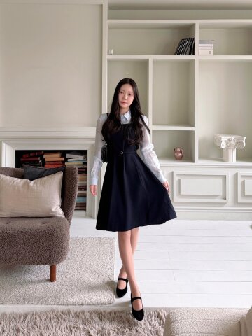 셔츠 배색 뷔스티에 플레어 원피스 