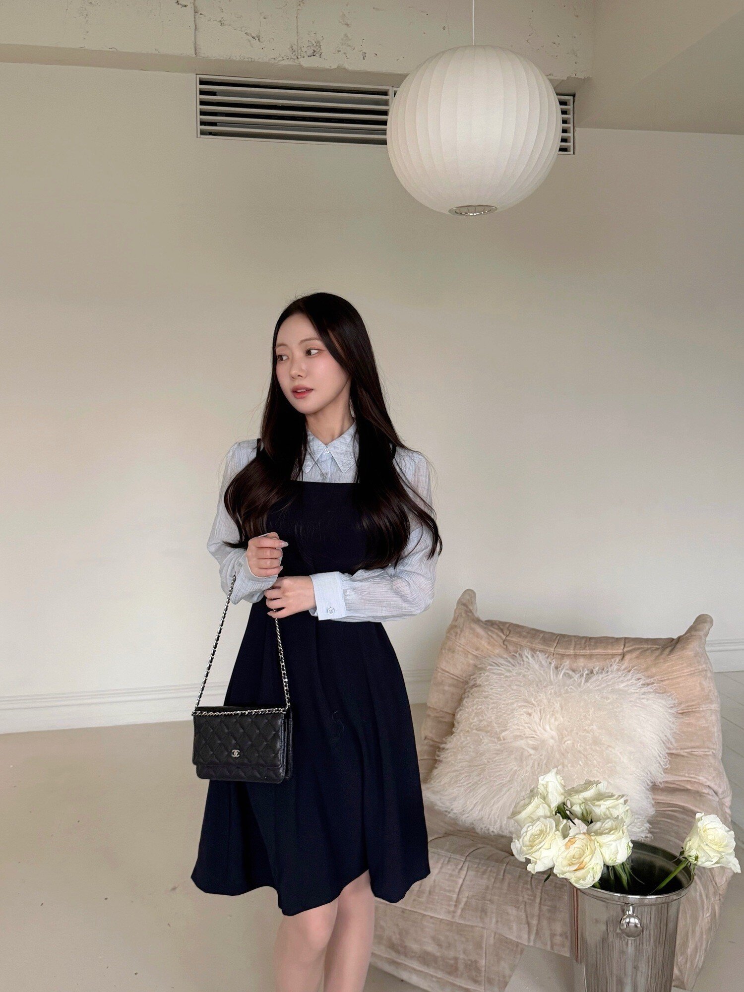 셔츠 배색 뷔스티에 플레어 원피스 (NAVY)