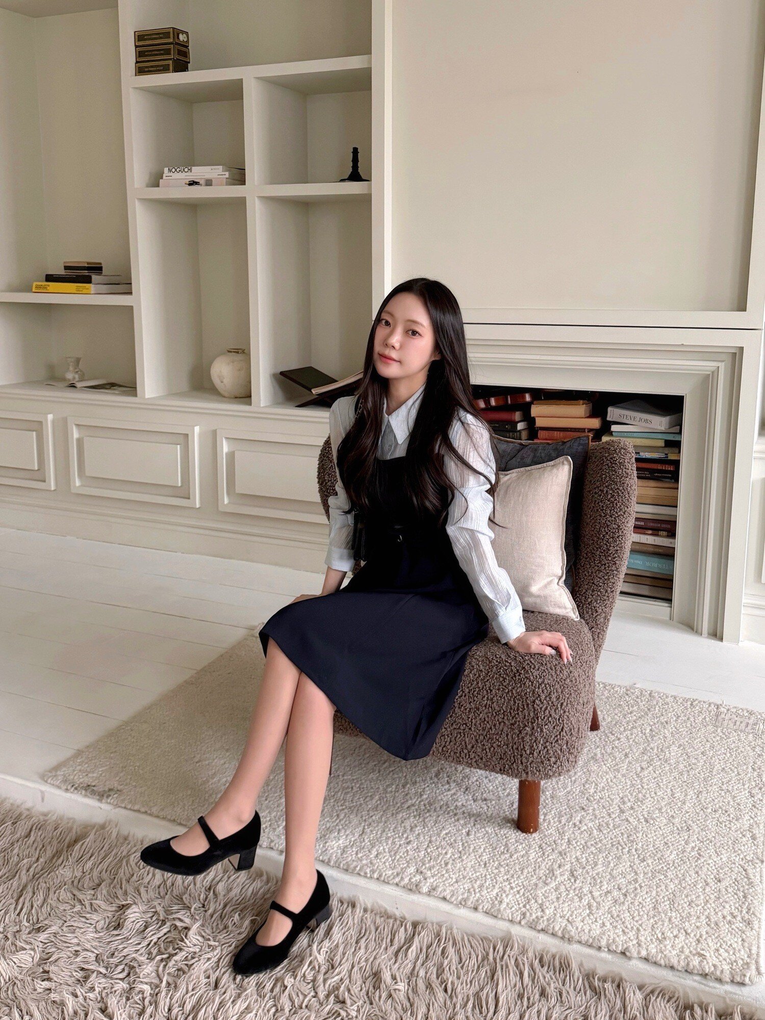 셔츠 배색 뷔스티에 플레어 원피스 (NAVY)