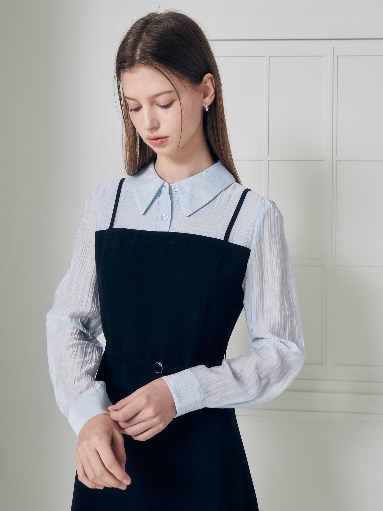 셔츠 배색 뷔스티에 플레어 원피스 (NAVY)